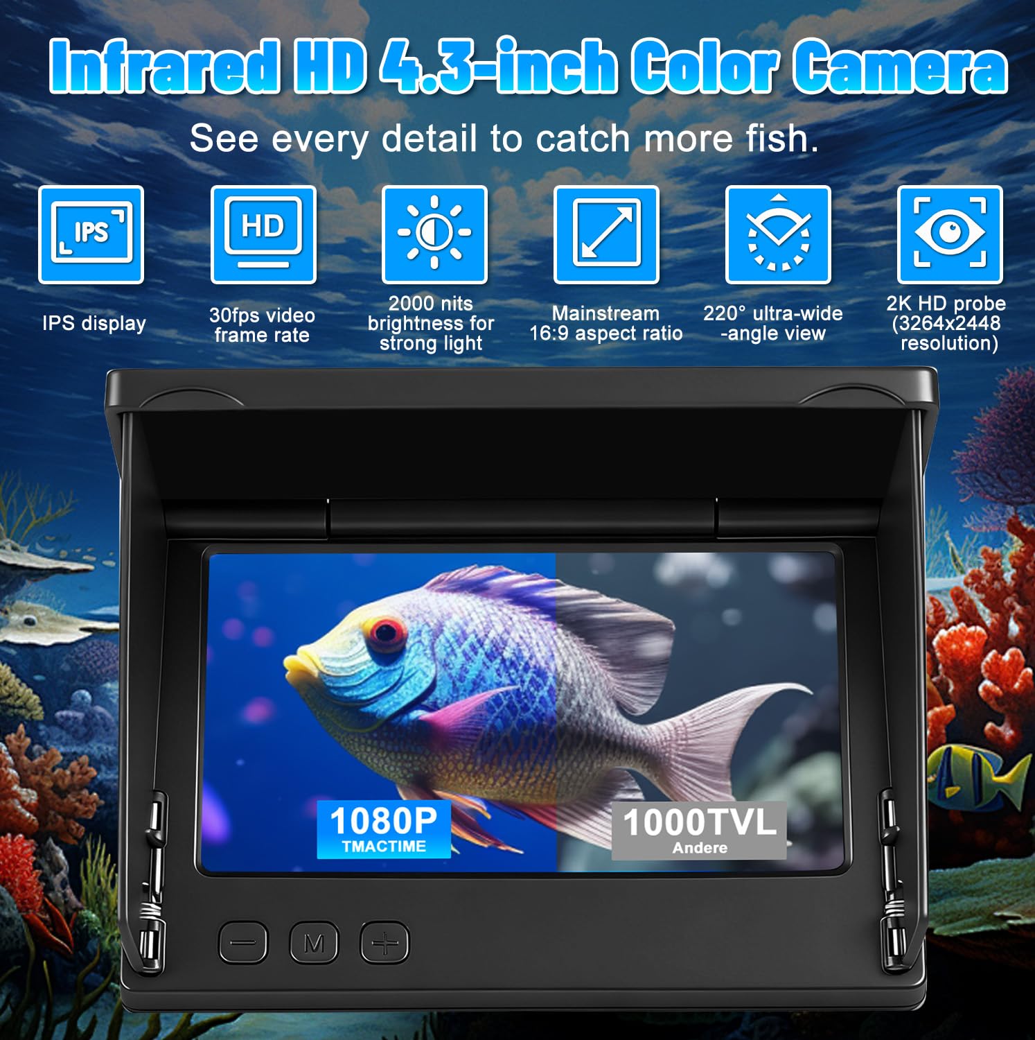 Cámara Submarina para Pesca con Pantalla IPS de 4,3" y Cable de 30 m, Cámara de Pesca con Visión Nocturna, Objetivo Gran Angular para Pesca en Mar, Río y Hielo