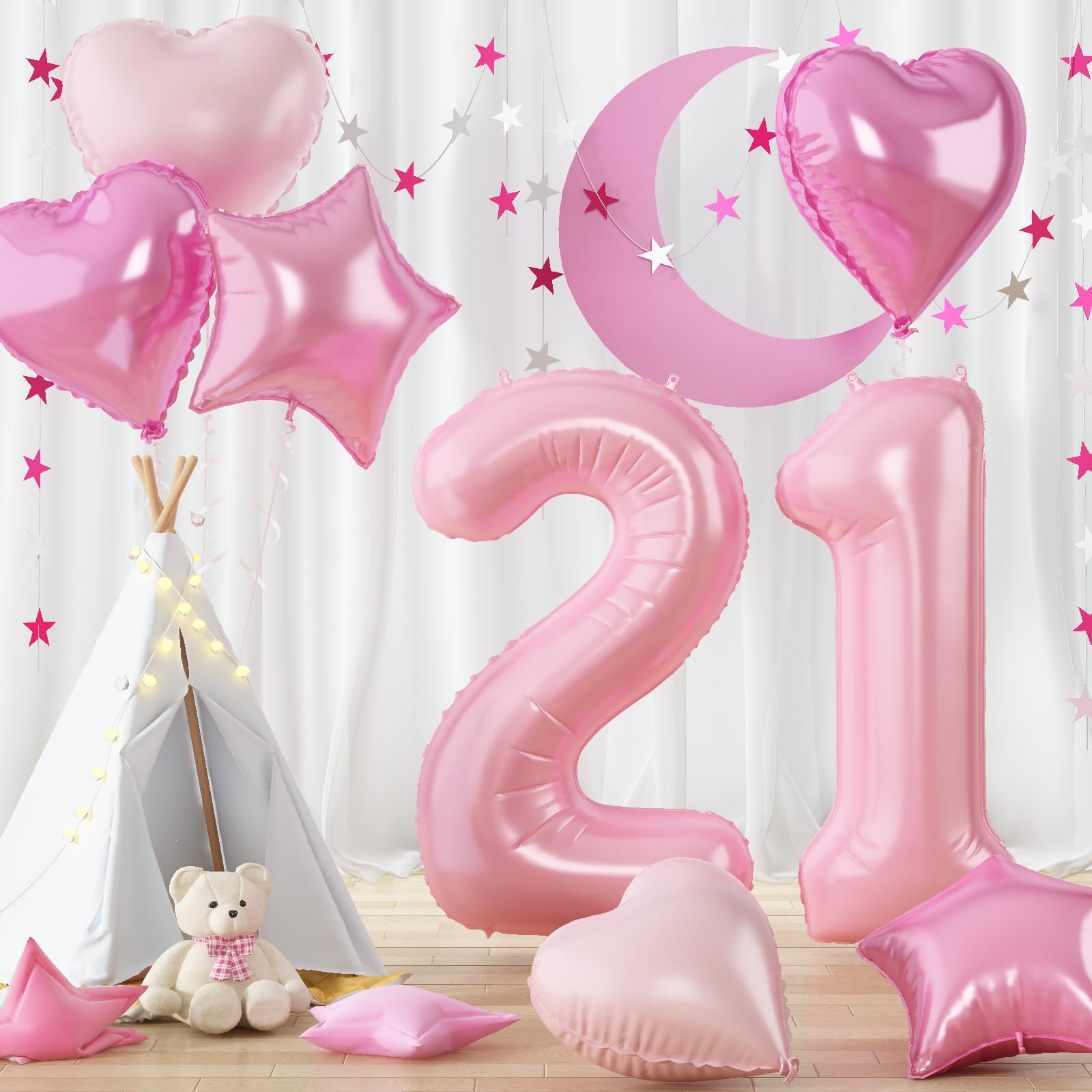 Baby Pink 21 Balloon Number, Mylar 40'' 21 Balloon with Heart Star Light Soft Pink Balloon Princess Party Decor, Big 21 Foil Ballloon Set for Women