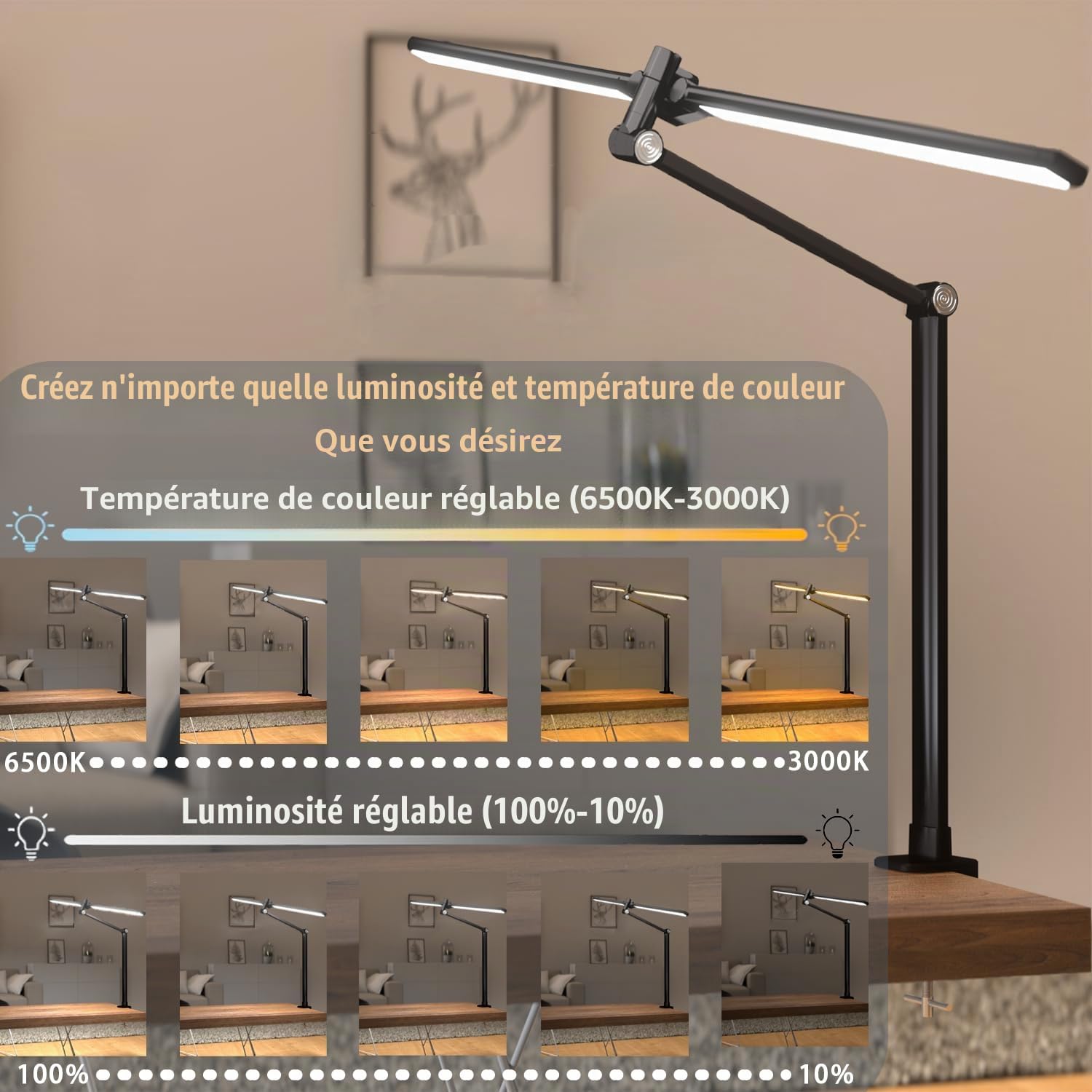 Lampe bureau LED 24W 84cm Double Bras Pince pour Ecran luminosité réglable | lampe bureau puissante Éclairage ultra-large, 5 Luminosité, 5 Températures de Couleur, bras flexible pour gamer/bureau/screen