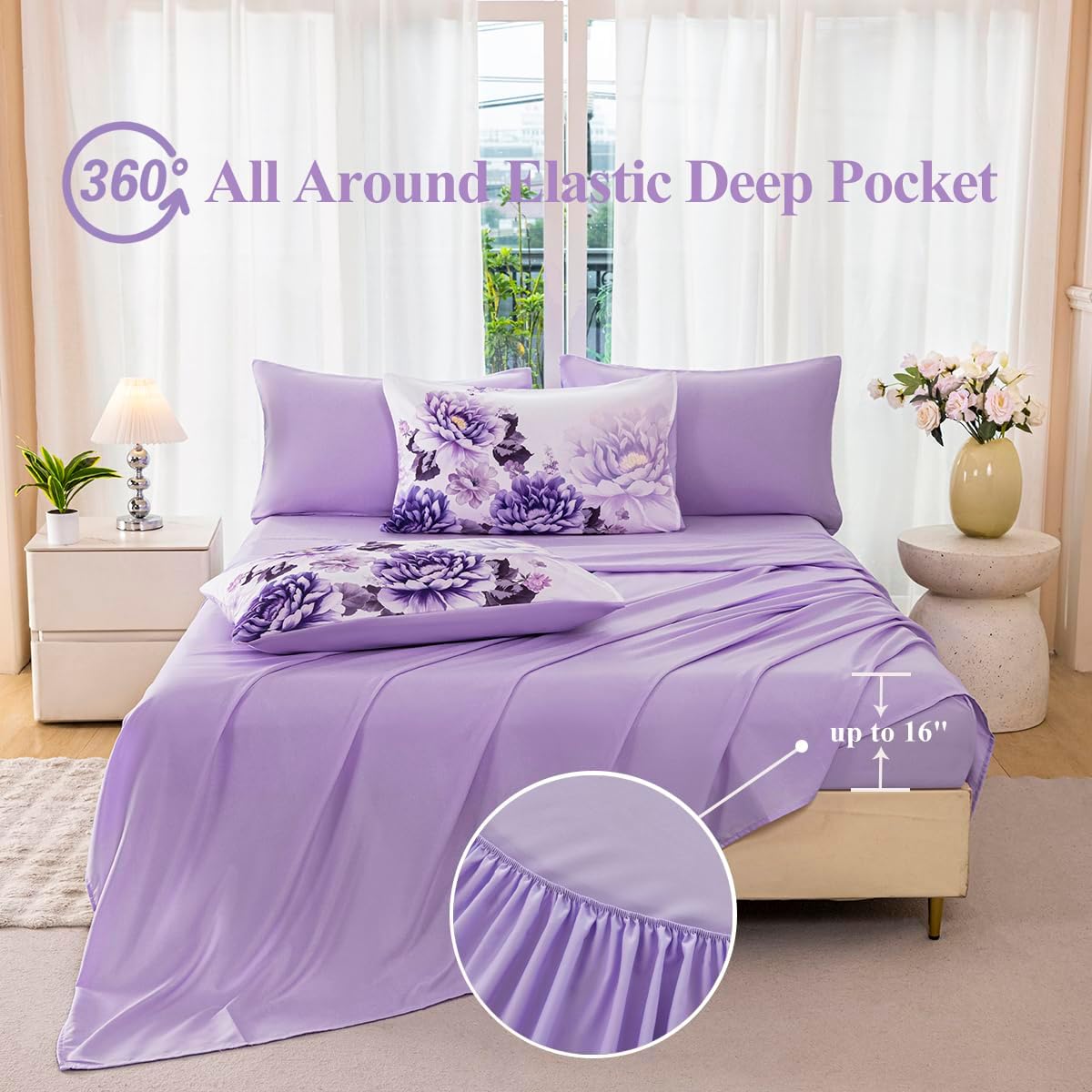Purple Comforter Set Queen 7 Pieces Floral Bedding Set for Women Flower Bed Set Soft Reversible Pink Peony Bed in A Bag with Sheets(Purple, Queen) - Image 5