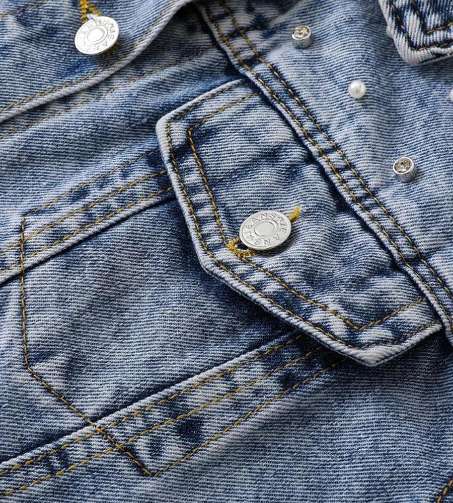 Kedera Women's Jean Jacket Embroidered Rivet Pearl Short Denim Jacket Coat - Image 5