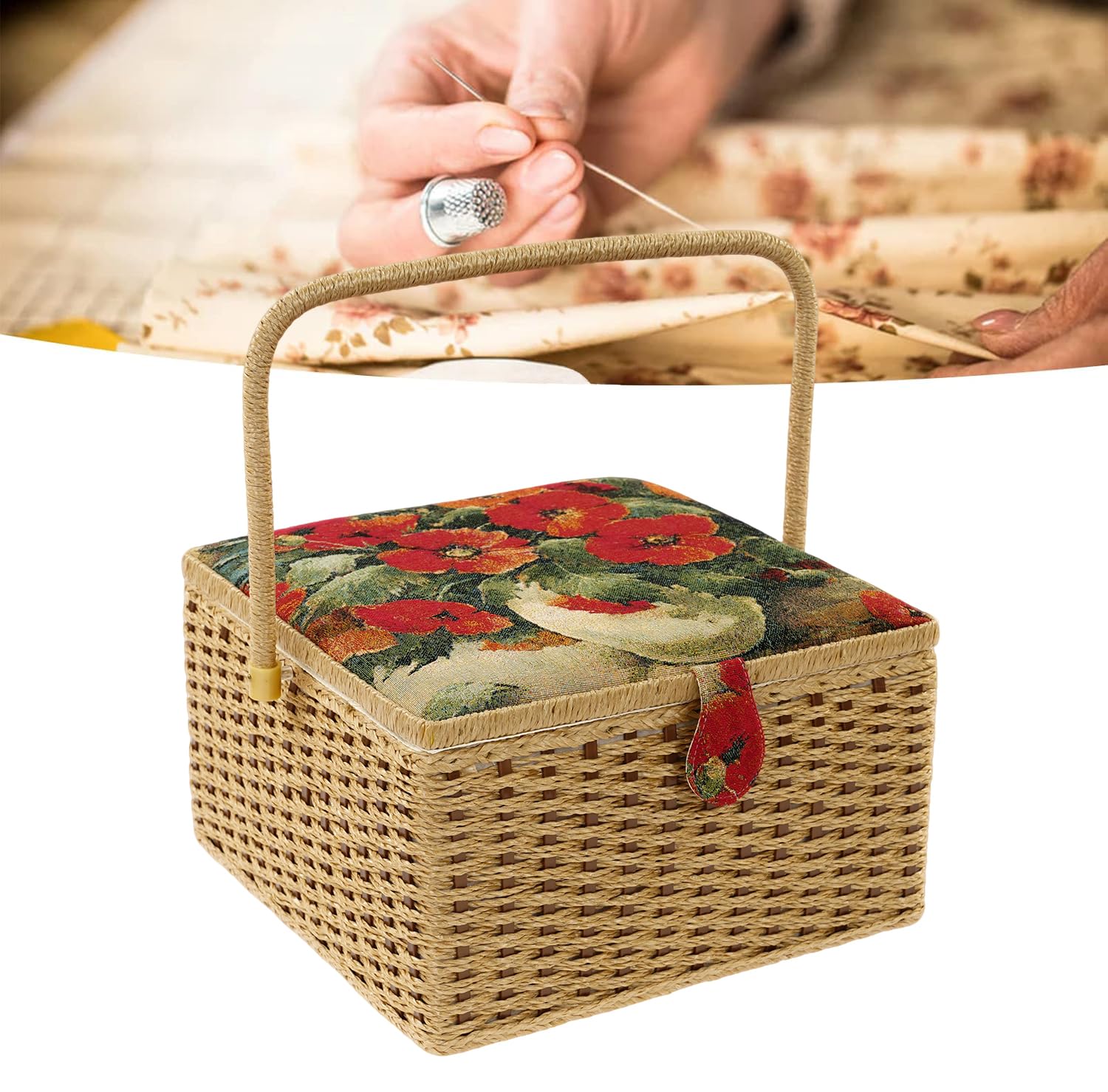 Sewing Basket with Vintage Floral Print Design, Large Capacity Sewing Kit Storage Box, Sewing Box with Removable Tray for Sewing Mending, Beginner, Professional