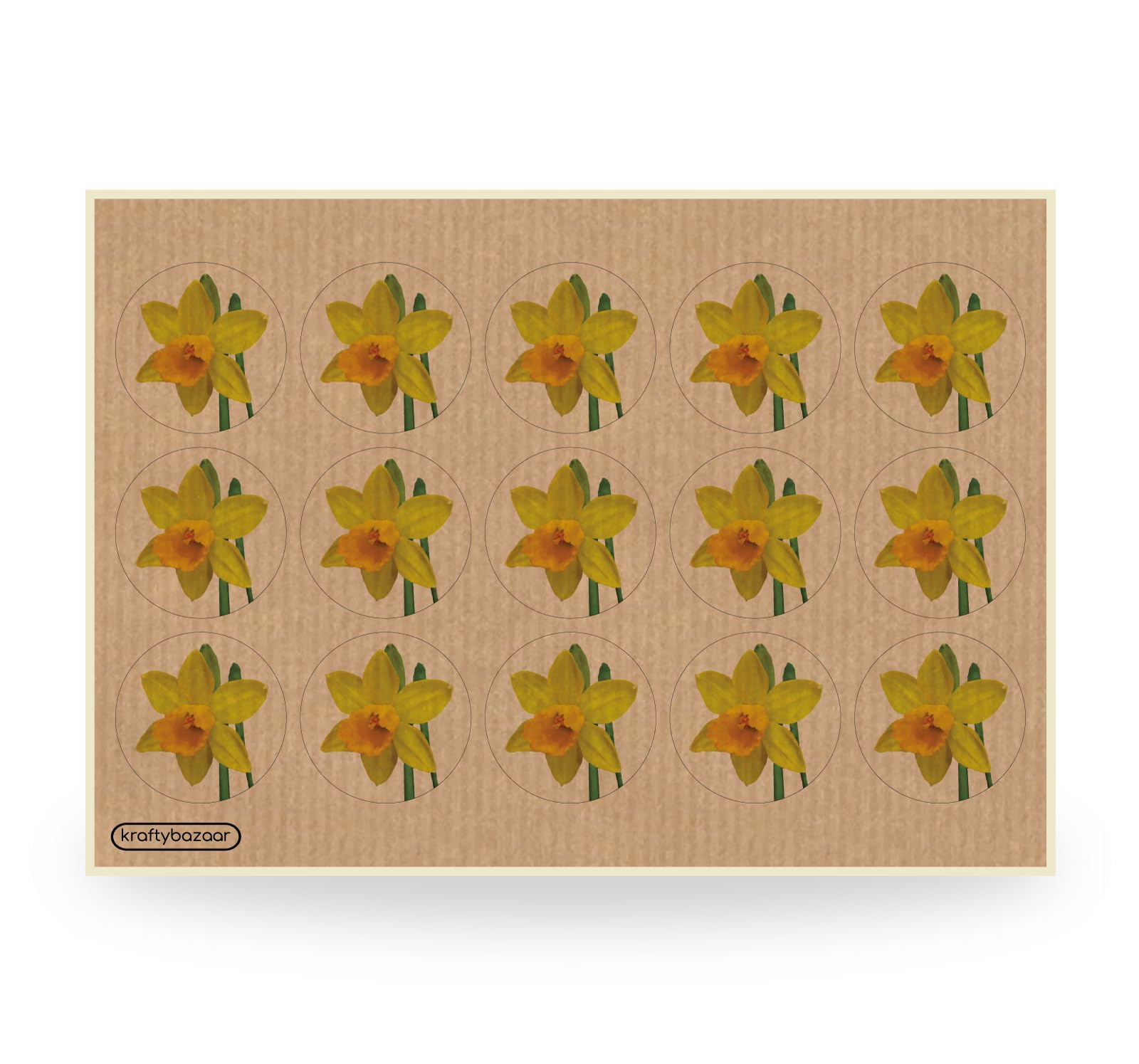 Pack of 180 Daffodil Flower Decor Paper Labels - 37mm Self-Adhesive Stickers - Multipack Stationery Craft Decorative Labels - Kraft Brown Paper Labels