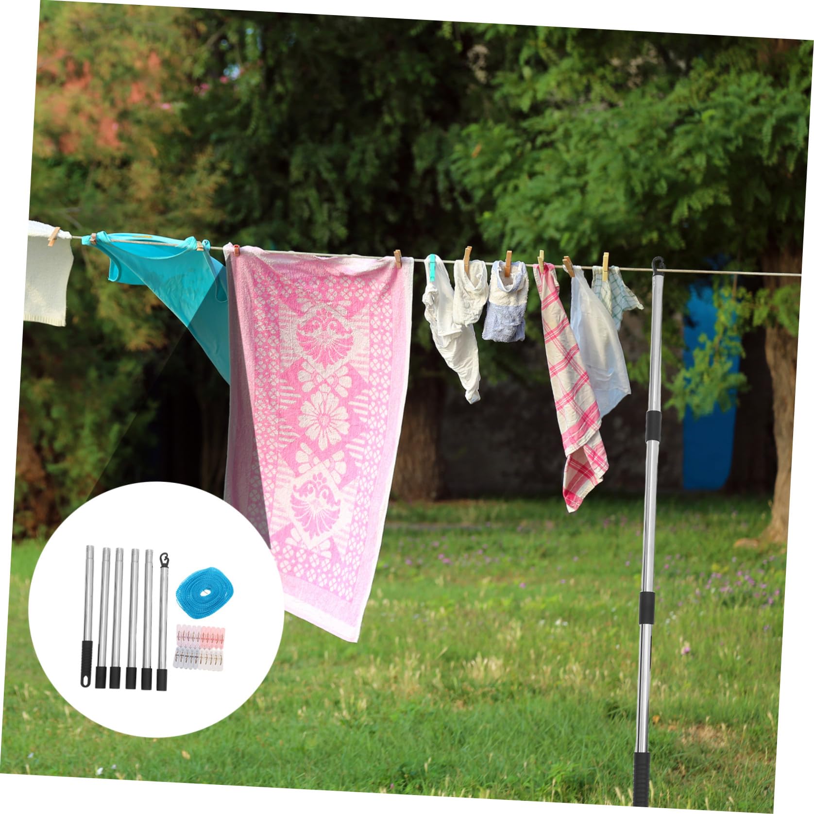 GALPADA Robuste Wetterfeste Wäscheleine 10m mit Abnehmbarer 22m Wäschestange Haken Clips Verstellbares Outdoor Wäscheleinen Satz für Camping Garten und Balkon