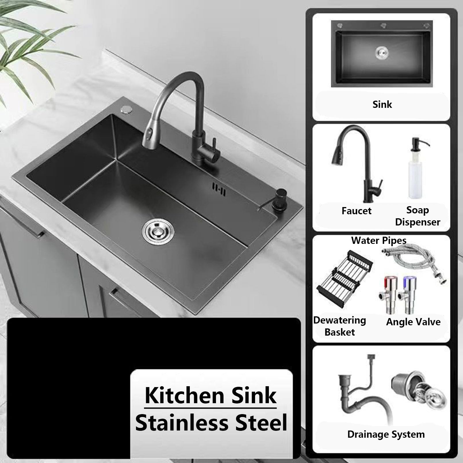 Fregadero de cocina hecho a mano, color negro, de acero inoxidable, profundo y fácil de limpiar, perfecto para cocinas modernas, instalación rápida