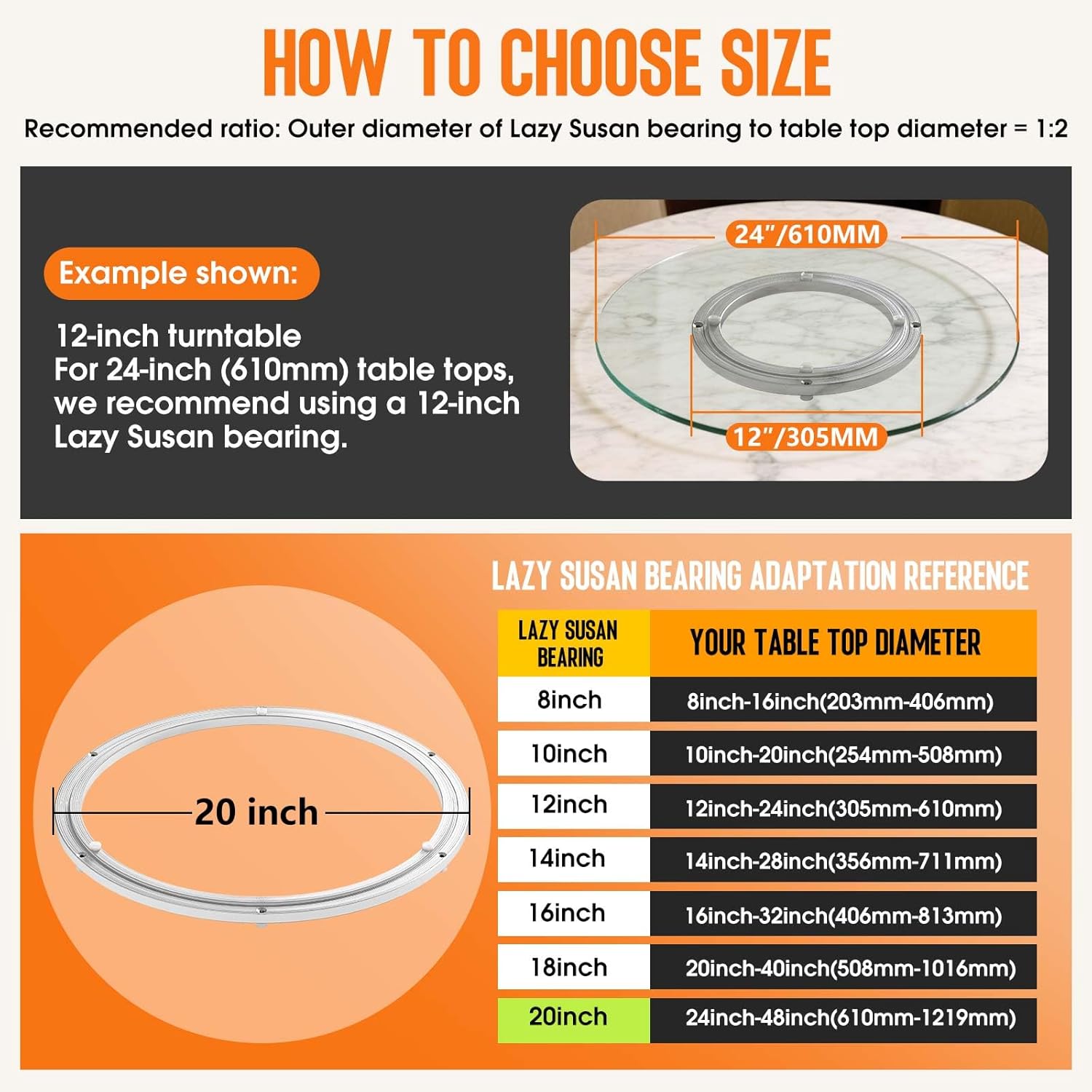 Heavy Duty Lazy Susan Turntable Bearing 20 Inch, 500lbs Capacity Rotating Swivel Plate for Round Table, Heavy Duty Swivel Base for Dining Room Kitchen