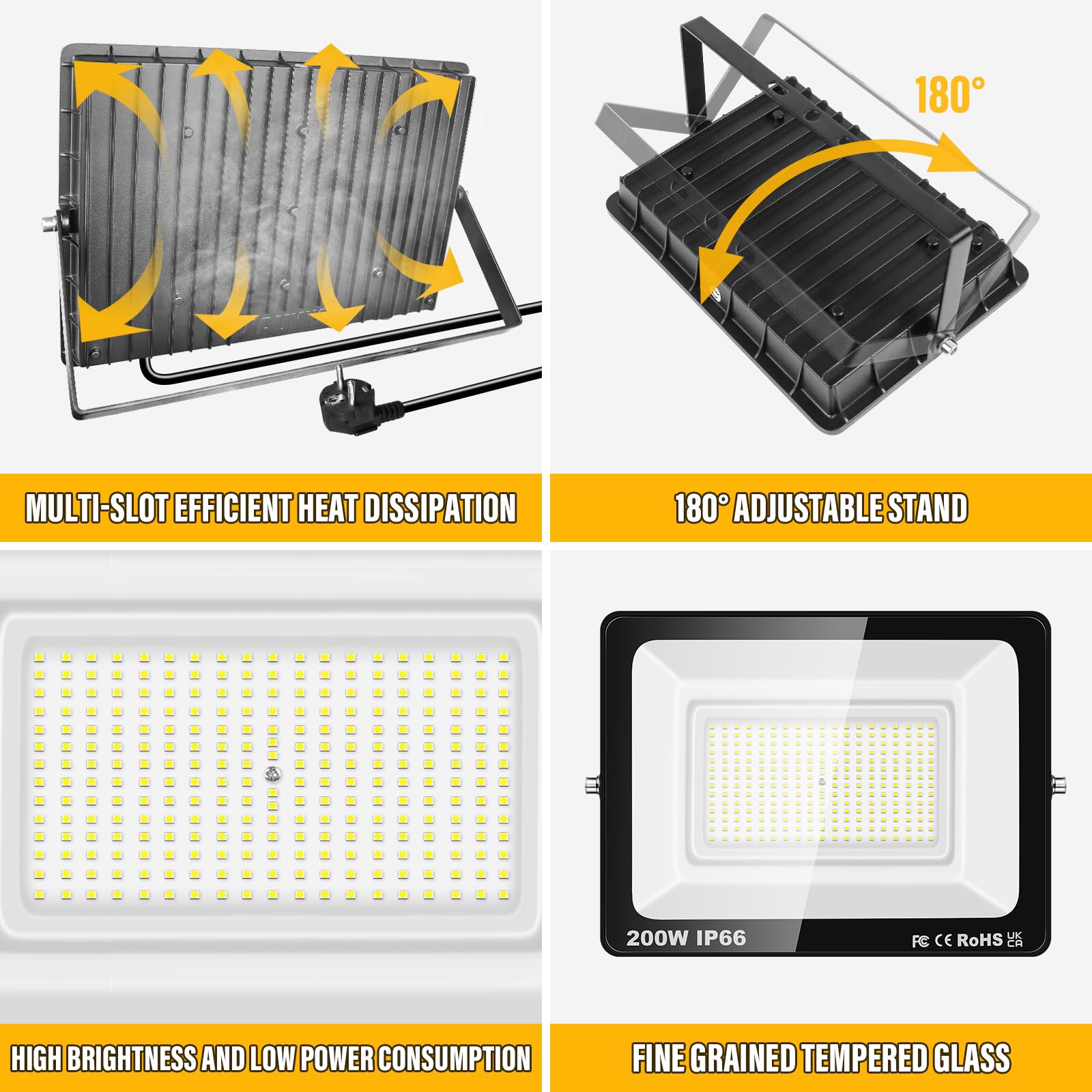 AUXTINGS 2 Stück 200W Led Strahler Außen mit Stecke, 20000LM Scheinwerfer Aussen IP66 Fluter 6000K Kaltweiß Aussenstrahler Flutlichtstrahler mit 150cm Cable für Garten Hinterhof Garage Terrassen