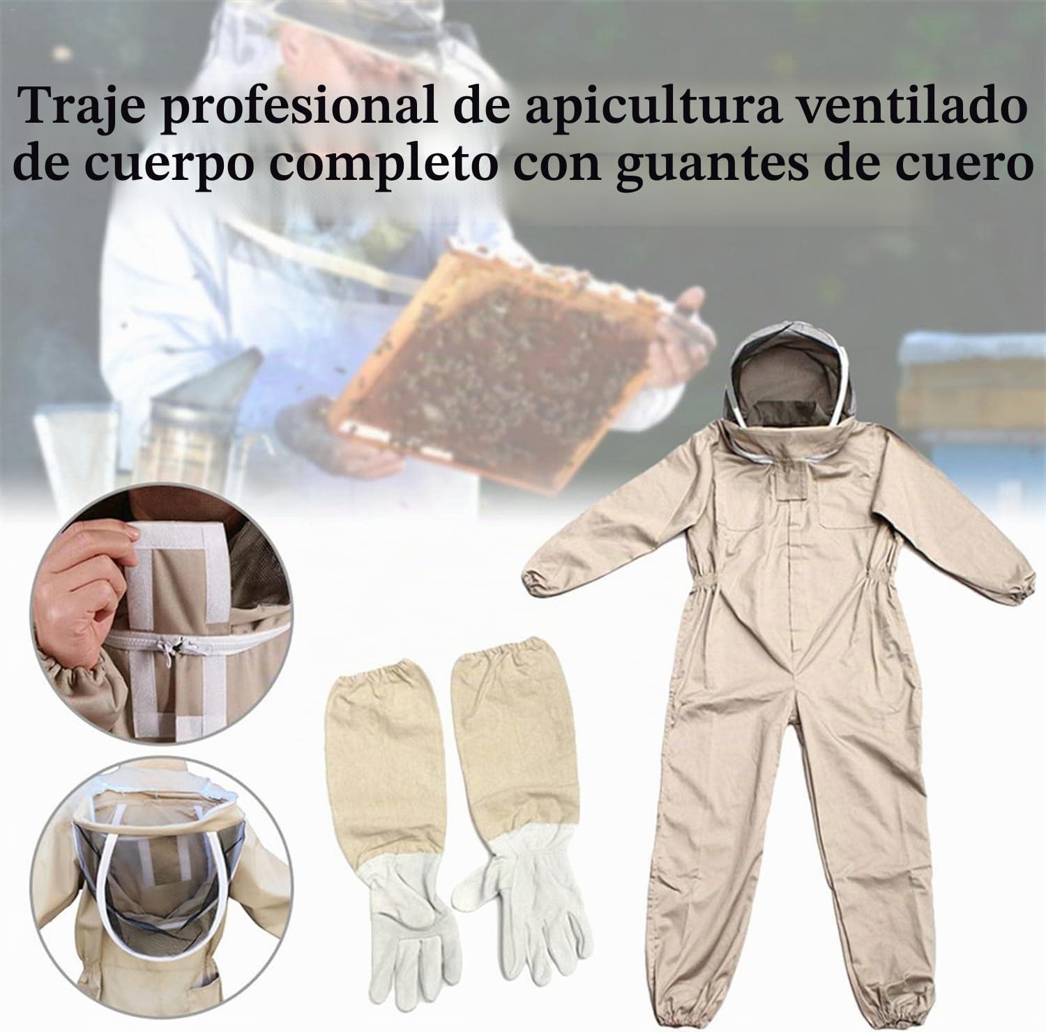Mono de Apicultor Profesional - Traje Protector Completo para Apicultura, Ventilado con Elástico y Guantes de Piel