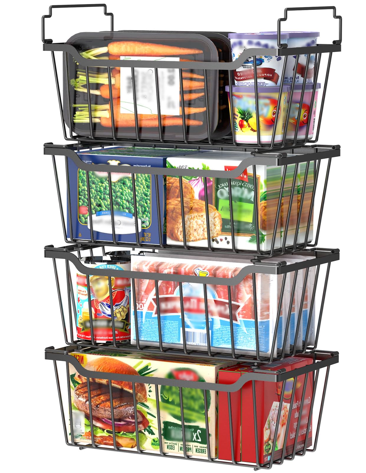 WELDUN Chest Freezer Baskets with Foldable Handle, 6 Pack Stackable Freezer Organizer for 198L Small Chest Freezer, Metal Storage Bins with Space Utilization, Black