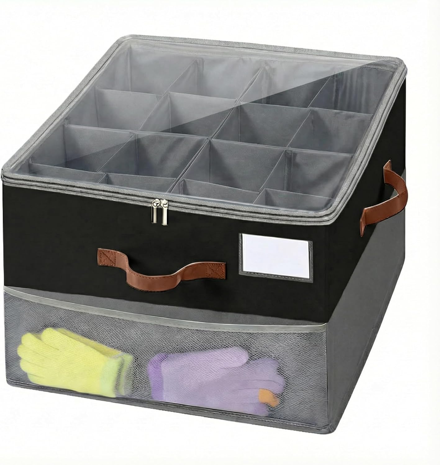 Shoe Organizer for Closet, Foldable Shoe Rack with Clear Cover, Adjustable Dividers for 16 Pairs, Storage Cubby for Wardrobe, Grey & Black