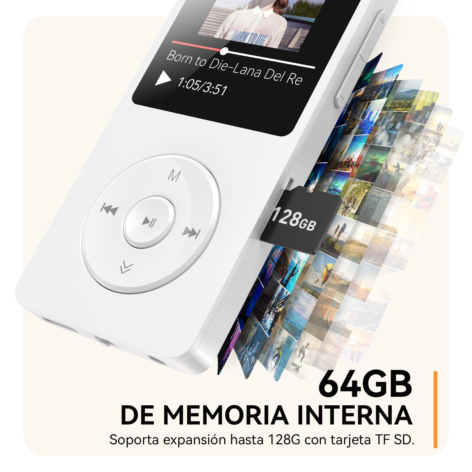 64GB Reproductor MP3 Bluetooth 5.3 con Caja, AGPTEK MP3 Player, Reproductor MP3 Deportivo Portátil, 1.8" Pantalla de 70H de Reproducción, MP3 de Niños Radio FM, Blanco