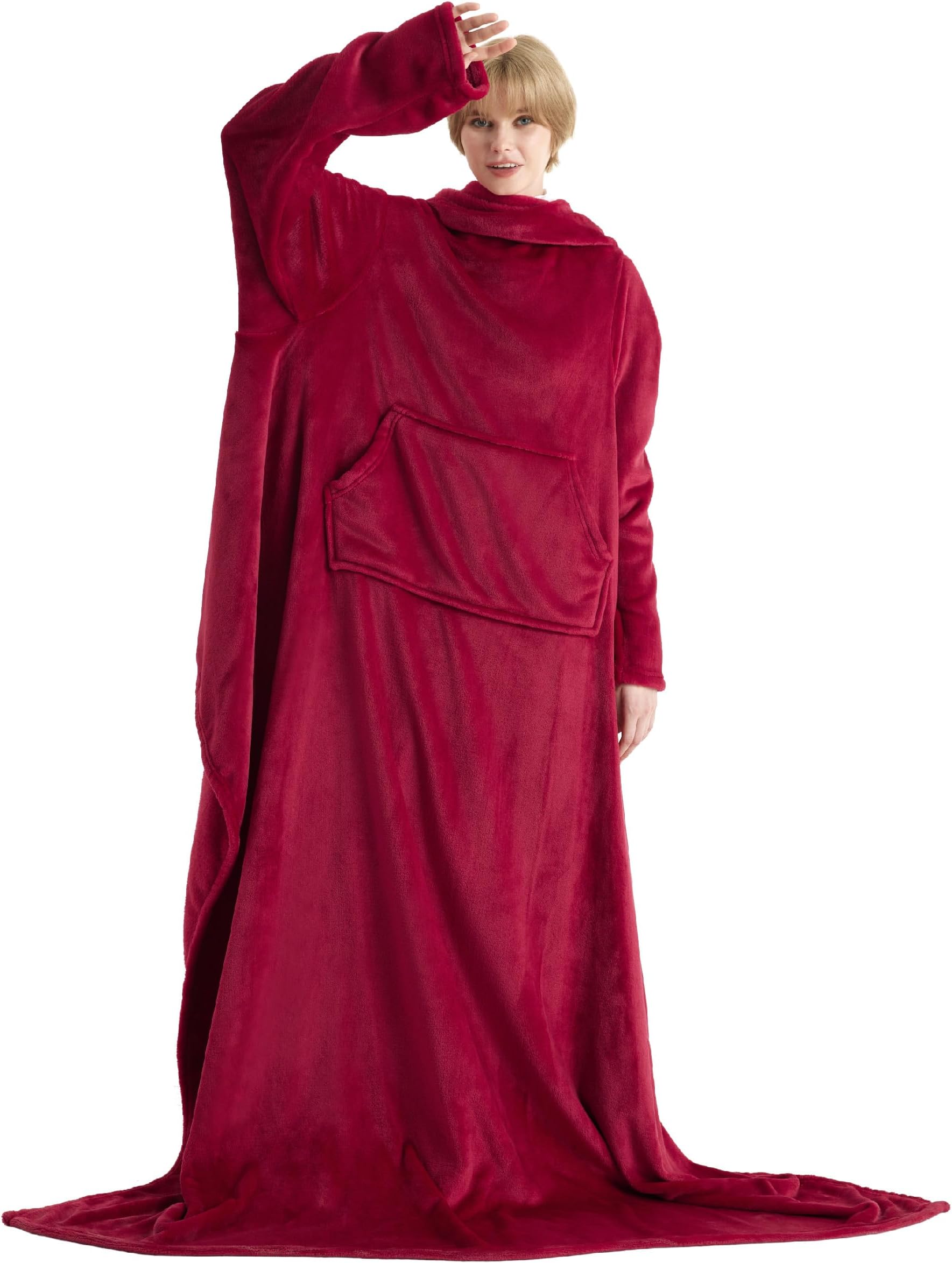 Bedsure Wearable Blanket with Sleeves Women - Warm Fleece Blanket as Gifts for Her, Cozy & Soft Birthday Gifts for Men Adults, Red, 150 x 200 cm