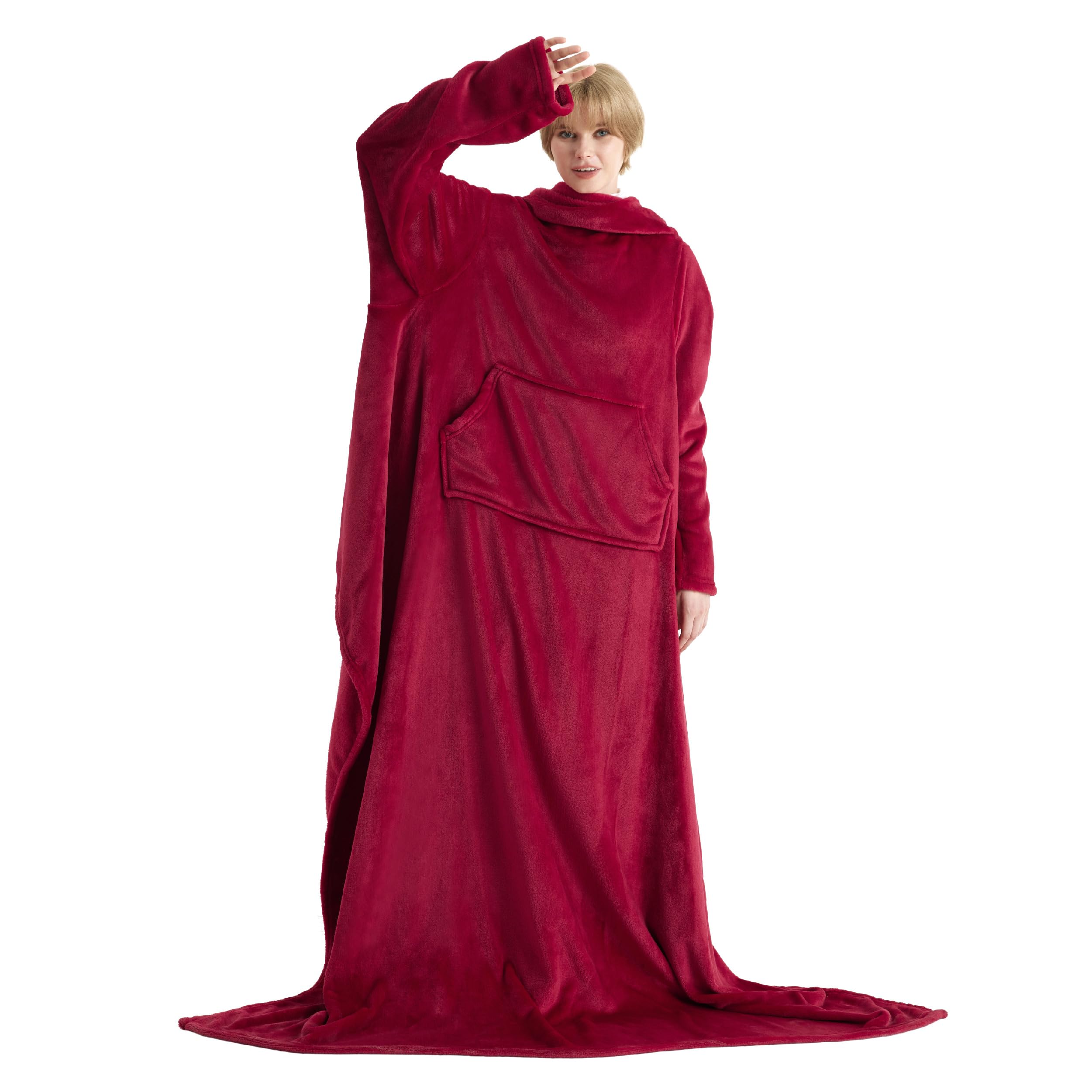 Bedsure Wearable Blanket with Sleeves Women - Warm Fleece Blanket as Gifts for Her, Cozy & Soft Birthday Gifts for Men Adults, Red, 150 x 200 cm