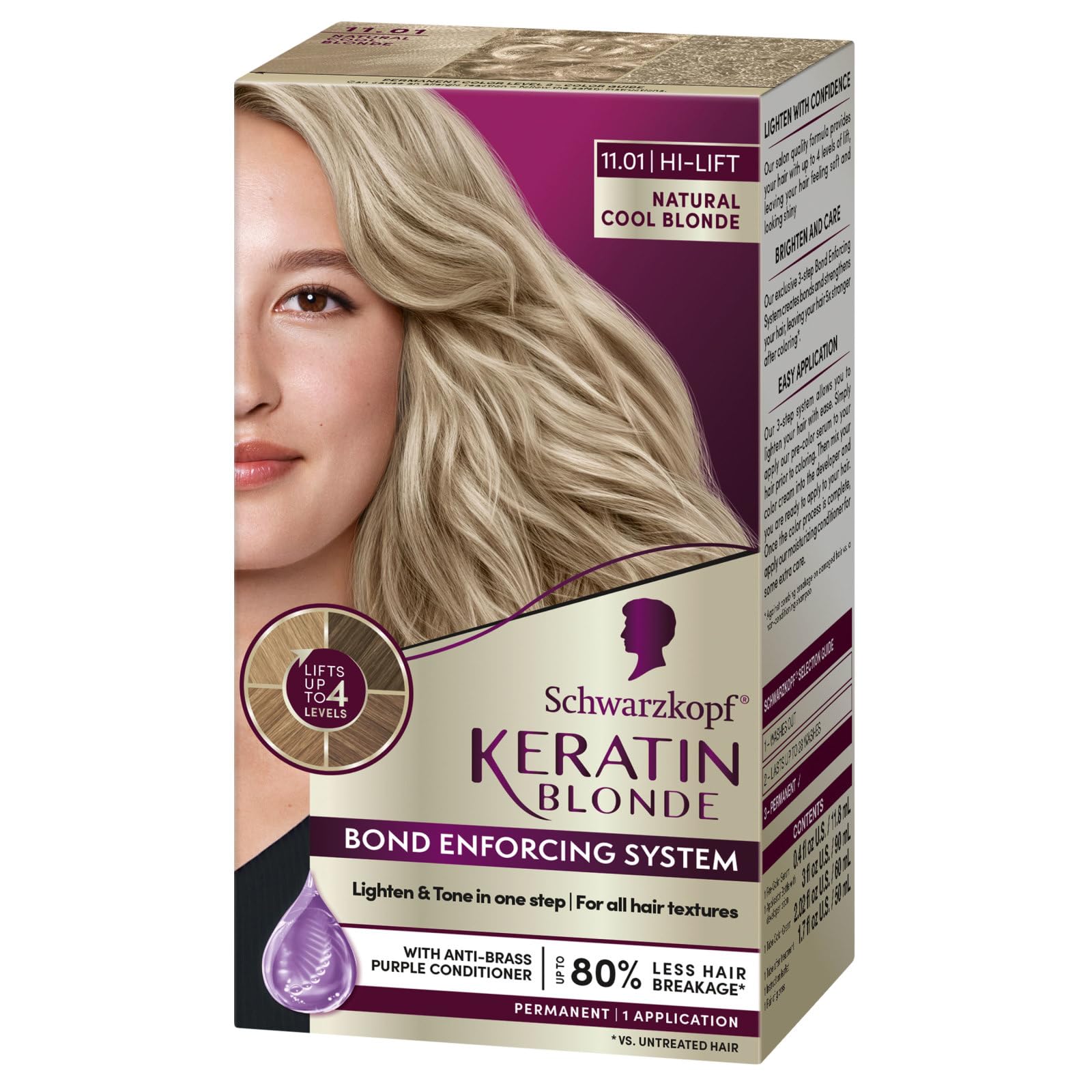 Schwarzkopf Keratin Blonde Hair Dye, 11.01 High Lift Natural Cool Blonde, Professional Quality Permanent Hair Color, Bond Enforcing System, Pre-Color Serum & Conditioner Included 1 Count (Pack of 1)