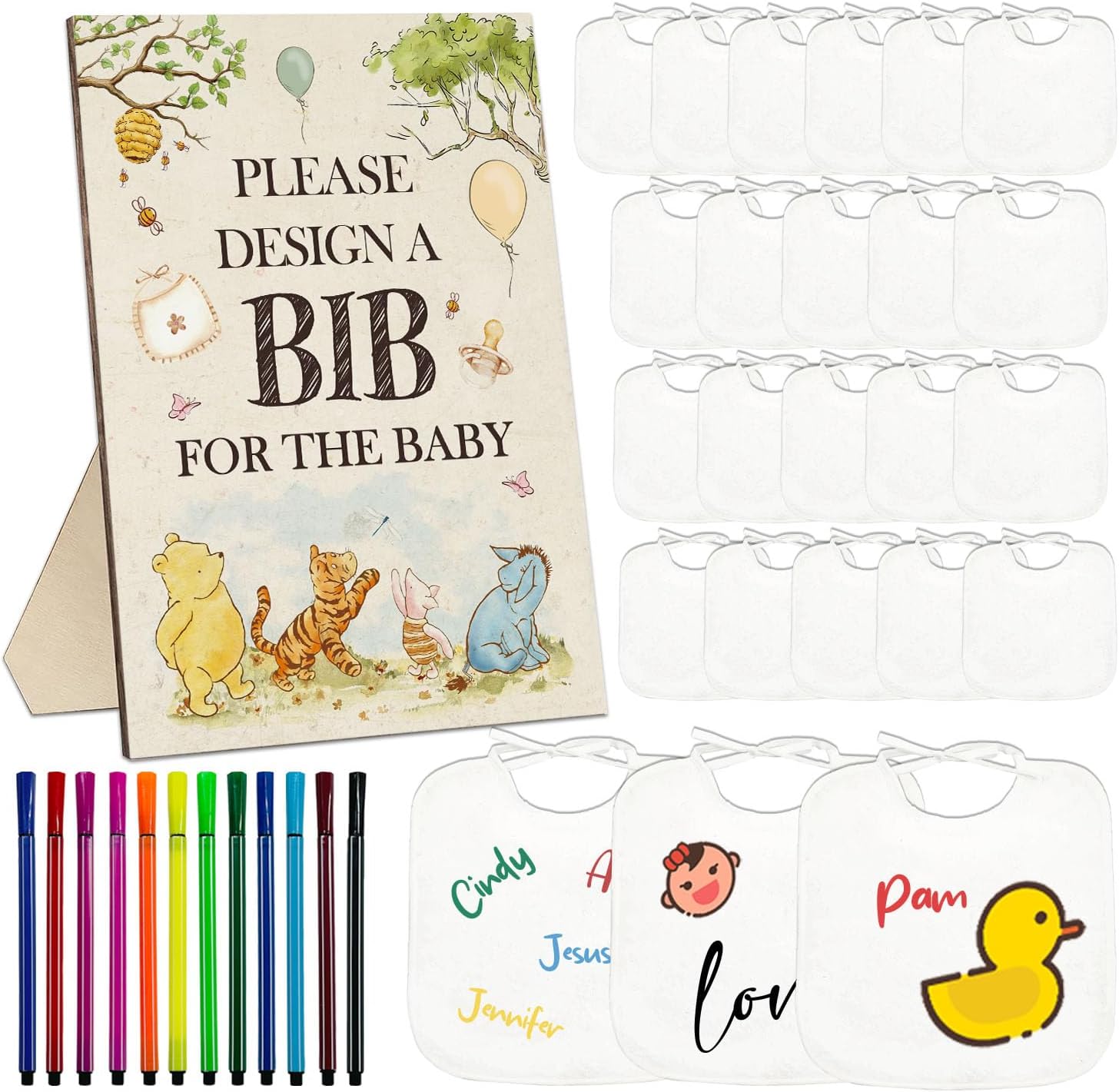 the Pooh Baby Shower Game Set, 43Pcs Includes 1 Baby Bib Sign, 30 White Bib Decorating and 12 Painting Pens, Diy Bib Game Great for Baby Shower Decor, Baby Shower Party Supplies