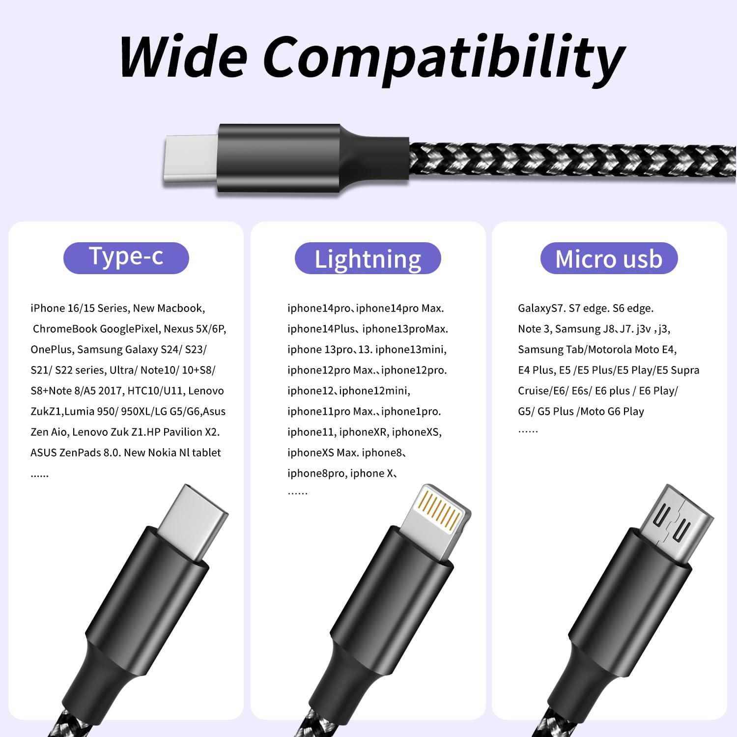 Cable de carga múltiple USB C de 100 W con chip E-Mark, cable de carga rápida USB C 3 en 1, cable de carga múltiple universal con tipo C, micro USB, puerto IP para iPhone 16/15/14/teléfonos celulares