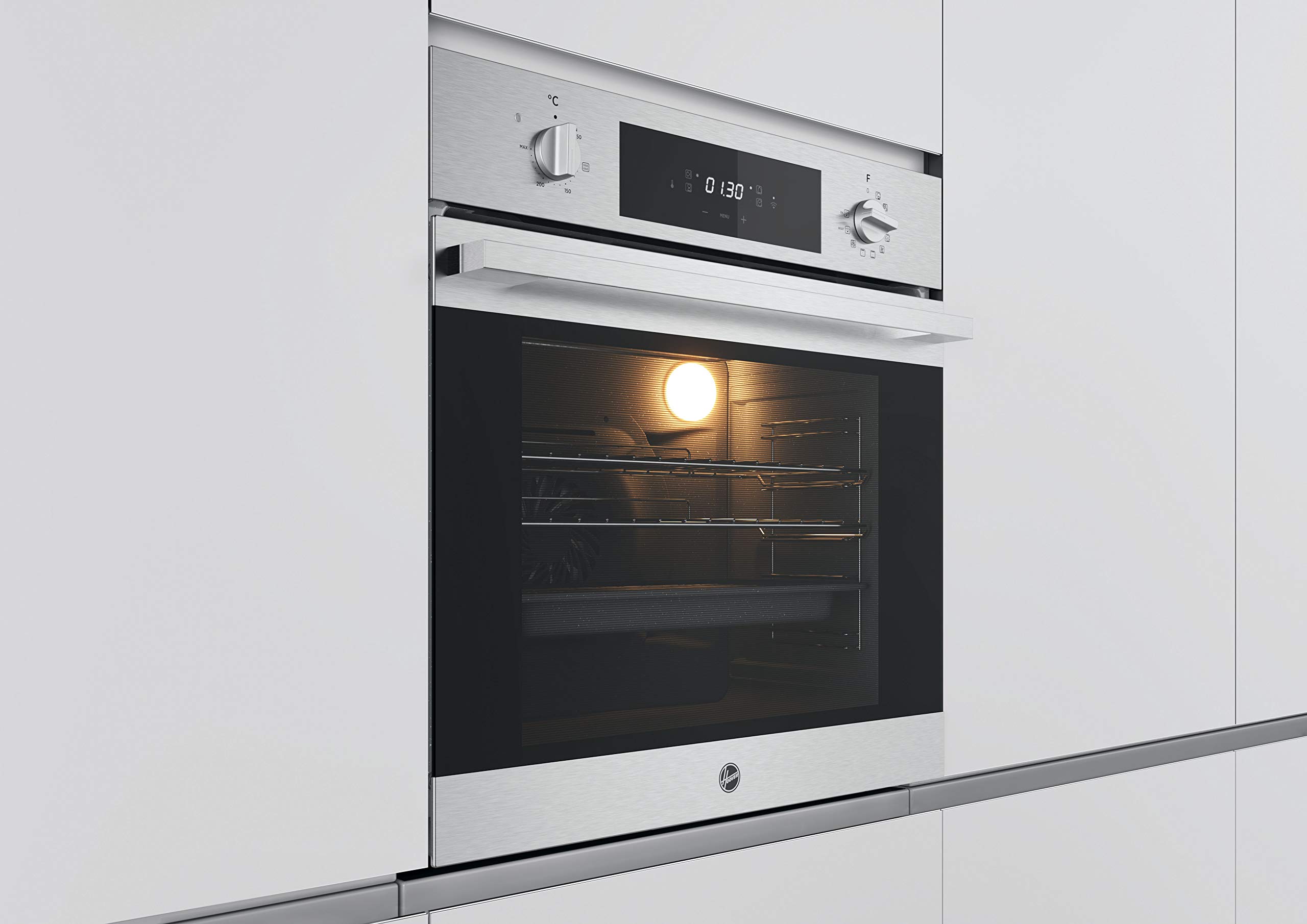 Hoover H-OVEN 300 - HOC3H3158IN WIFI - Horno eléctrico, 70 litros, Wi-Fi, Limpieza por agua, Cierre gradual, Temporizador, 8 funciones, Ventilador de enfriamiento, A+, Inox