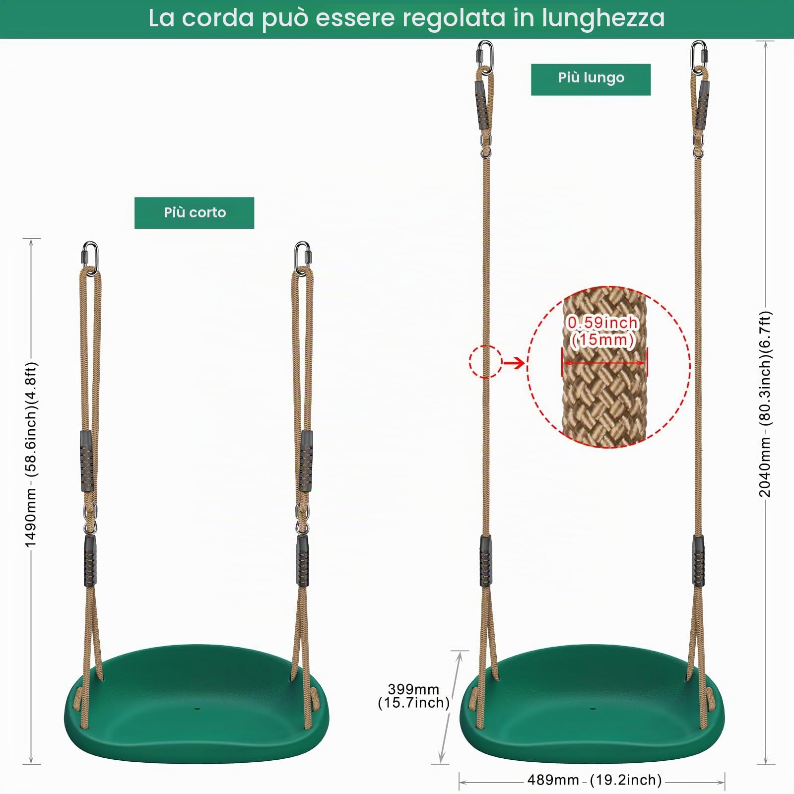 SELEWARE Seggiolino in plastica per altalena, set di altalene per bambini antiscivolo con corda regolabile di 6,7 piedi e 2 moschettoni, altalena per bambini da giardino resistente,Verde
