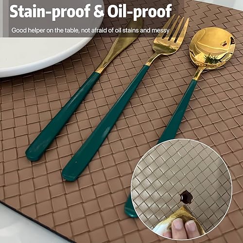 Miniatura 3 de Juego de 6 manteles individuales tejidos de piel sintética para cocina, mesa de comedor, lavables, lavables, resistentes al calor, manteles