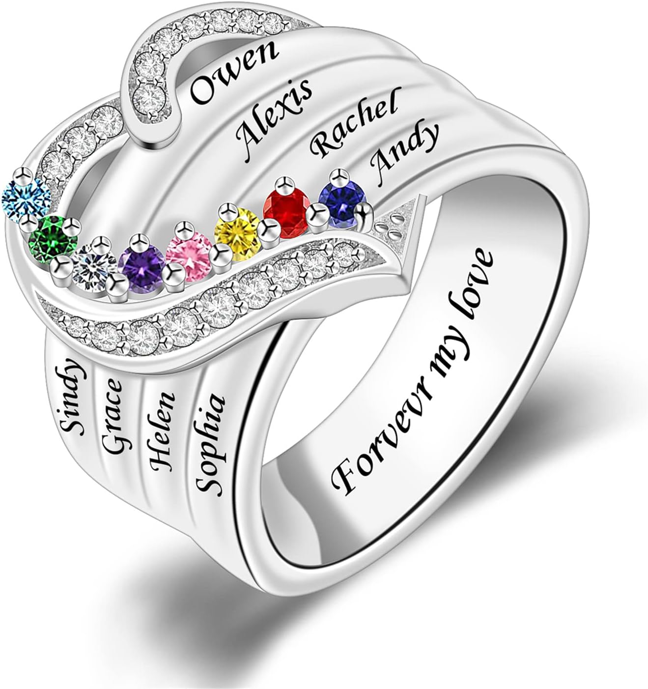 Personalized 925 Sterling Silver Mothers Ring with 1-8 Birthstone Custom Engraved Name Ring Family Birthstone Ring for Women Mom Grandma Daughter (8 stones)