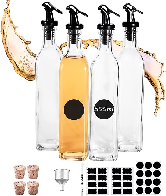Miorkly Oil Bottle 500ml 4 Pcs Oil Dispenser, Oil and Vinegar Dispenser Set, Lead Free Glass Material, Olive Oil Bottle/Vinegar Bottles/Wine Bottles, With Oil Pourer, Cork, Label, Pen and Funnel