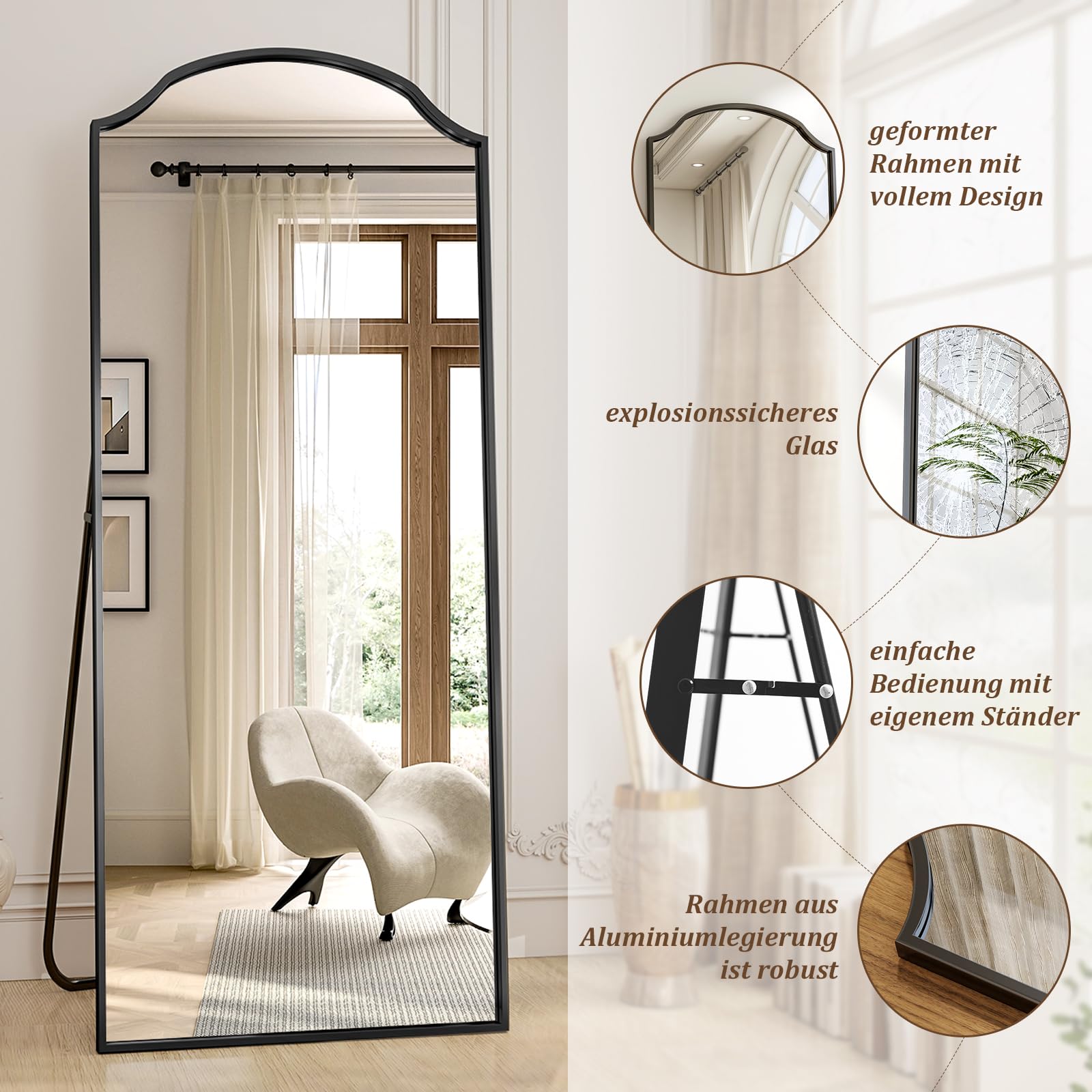 Koonmi 165 x 60 cm Ganzkörperspiegel - Einzigartiger gewölbter Oberkörper, für Garderobe, Schlafzimmer, hängend, stehend oder Sich anlehnen, schwarz