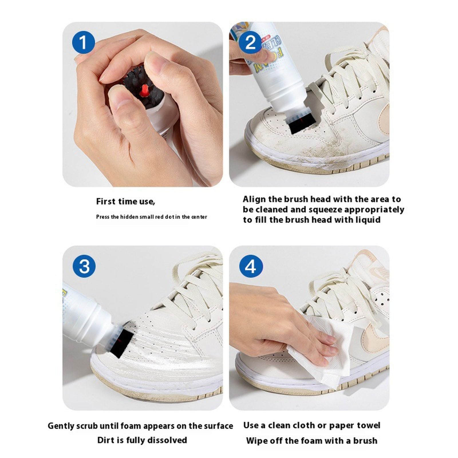 Espuma limpiadora para zapatos blancos con cepillo, quitamanchas