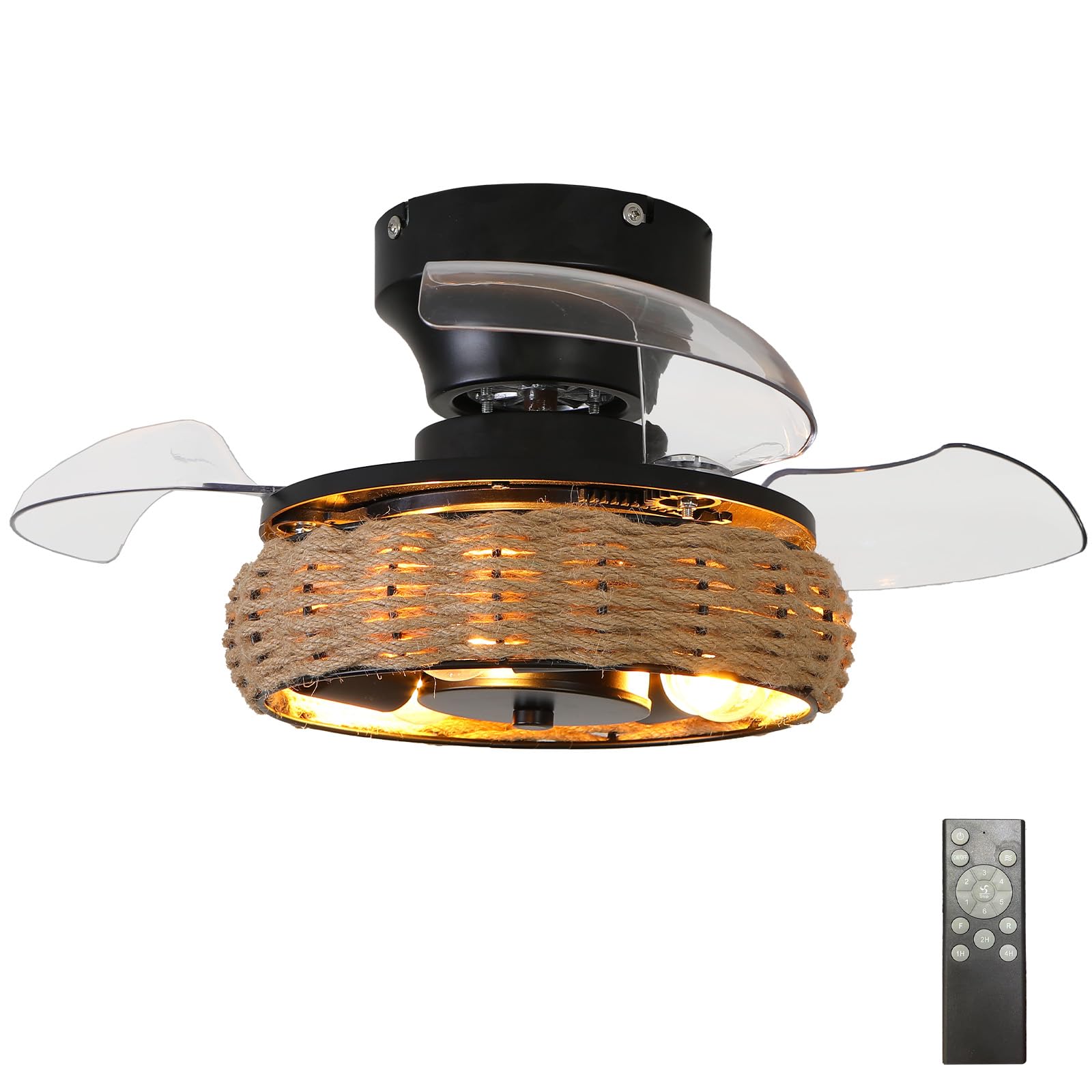 Caufloce Retro Ceiling Fans with Lights Reversible 6 Speed Remote Control Black Fan Light Silent Dc Smart Ceiling Fan with Light 21.3in Black Indoor for Bedroom, Living Room, Lounge, Hemp Rope