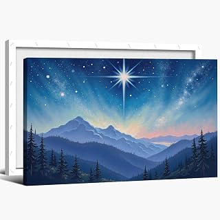Abstract Christian art canvas painting Star of Bethlehem leading the shining Christmas night sky snowy valley scenery wall art suitable for living room church home decoration