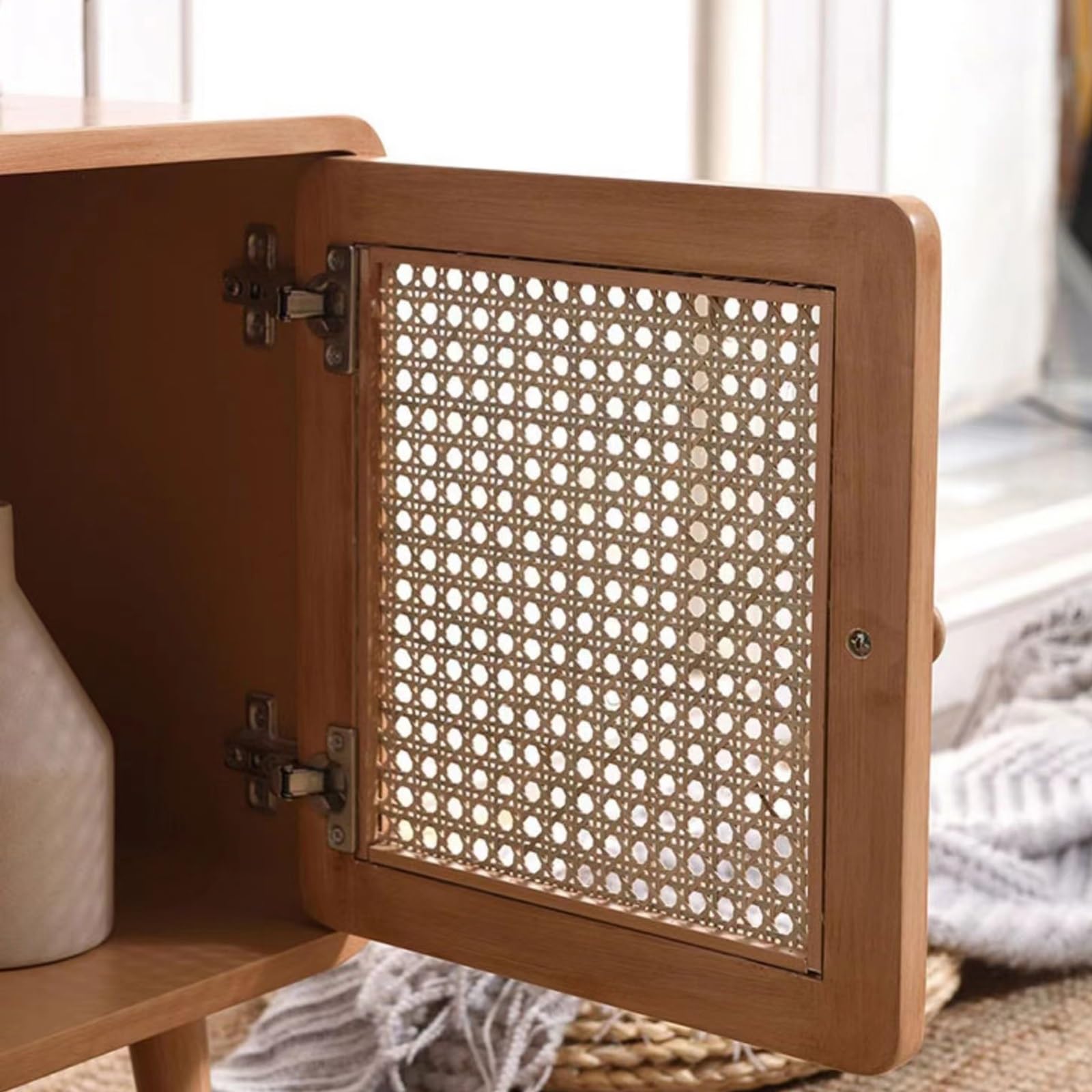 Comodino In Stile Rustico, Tavolino con Dettagli In Rattan per Camera da Letto Dormitorio e Piccoli Spazi(Natural)