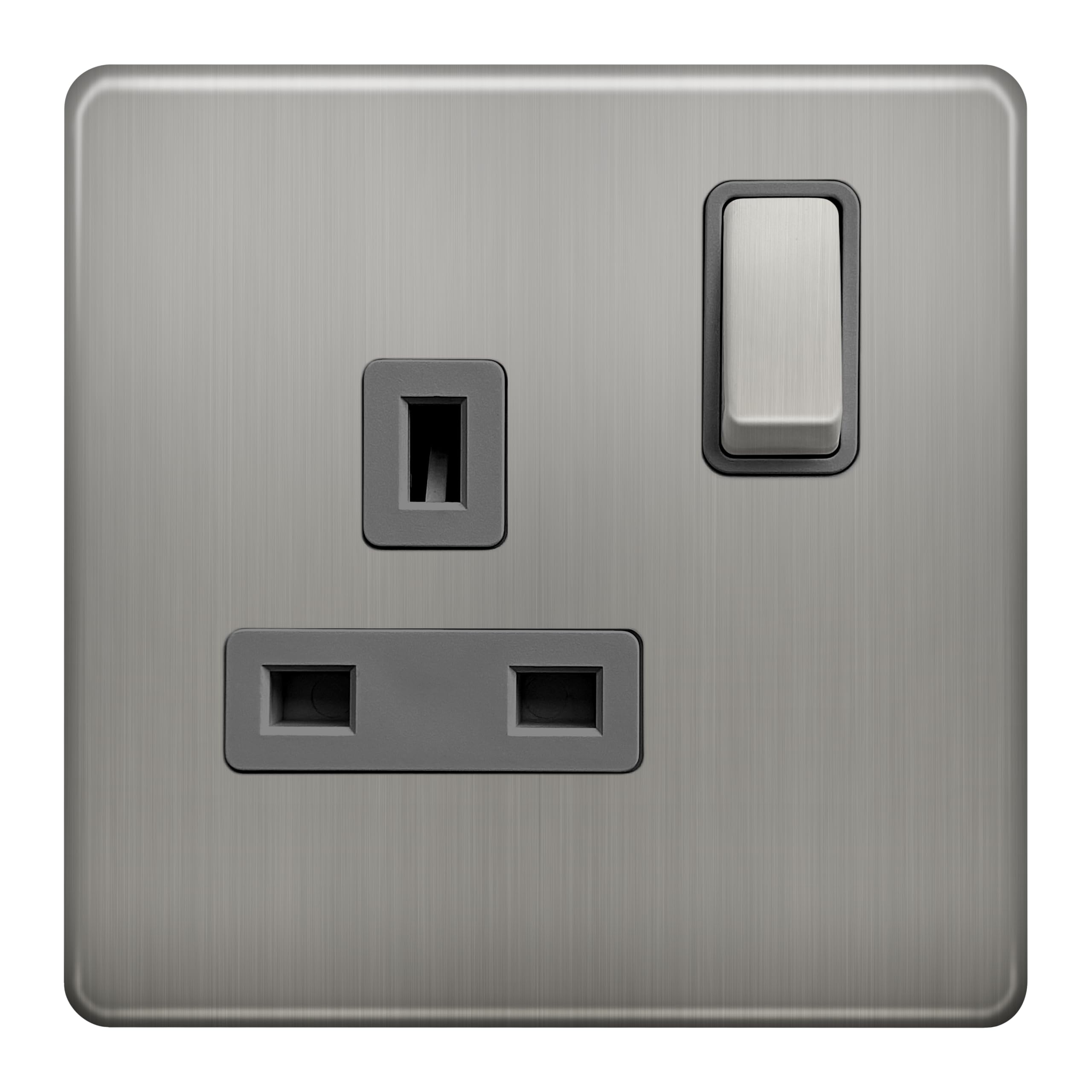 EVOGES Terra 1 Gang 13A Double Pole Switched Socket – Decorative Wall Power Outlet, Single Plug Socket, Fits Standard UK Back Boxes, UK Wiring Accessories (Brushed Chrome/Grey Insert)