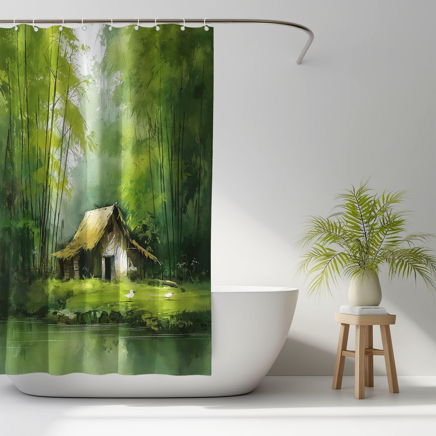 Generico Fantasia Tenda Da Doccia Calmo Elegante Paesaggio Verde, Tenda Da Doccia Per Bagno, Vasca Da Bagno, Tenda In Poliestere Impermeabile Con Ganci In Plastica, 180 x 180 cm
