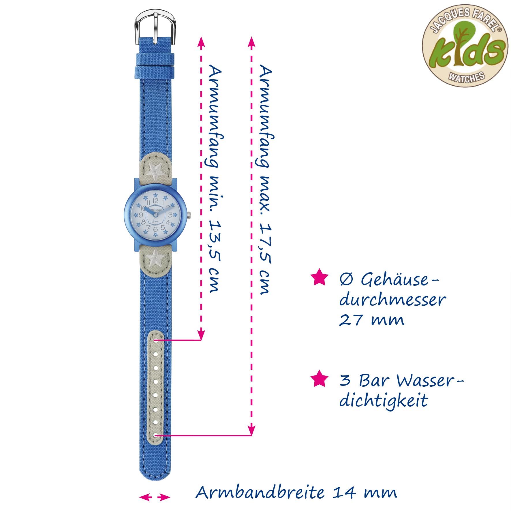 Jacques FAREL Öko Kinderarmbanduhr Mädchen Analog Quarz mit Textilarmband aus Bio-Baumwolle Blau Grau Sterne Nachhaltig ORG 01 STA