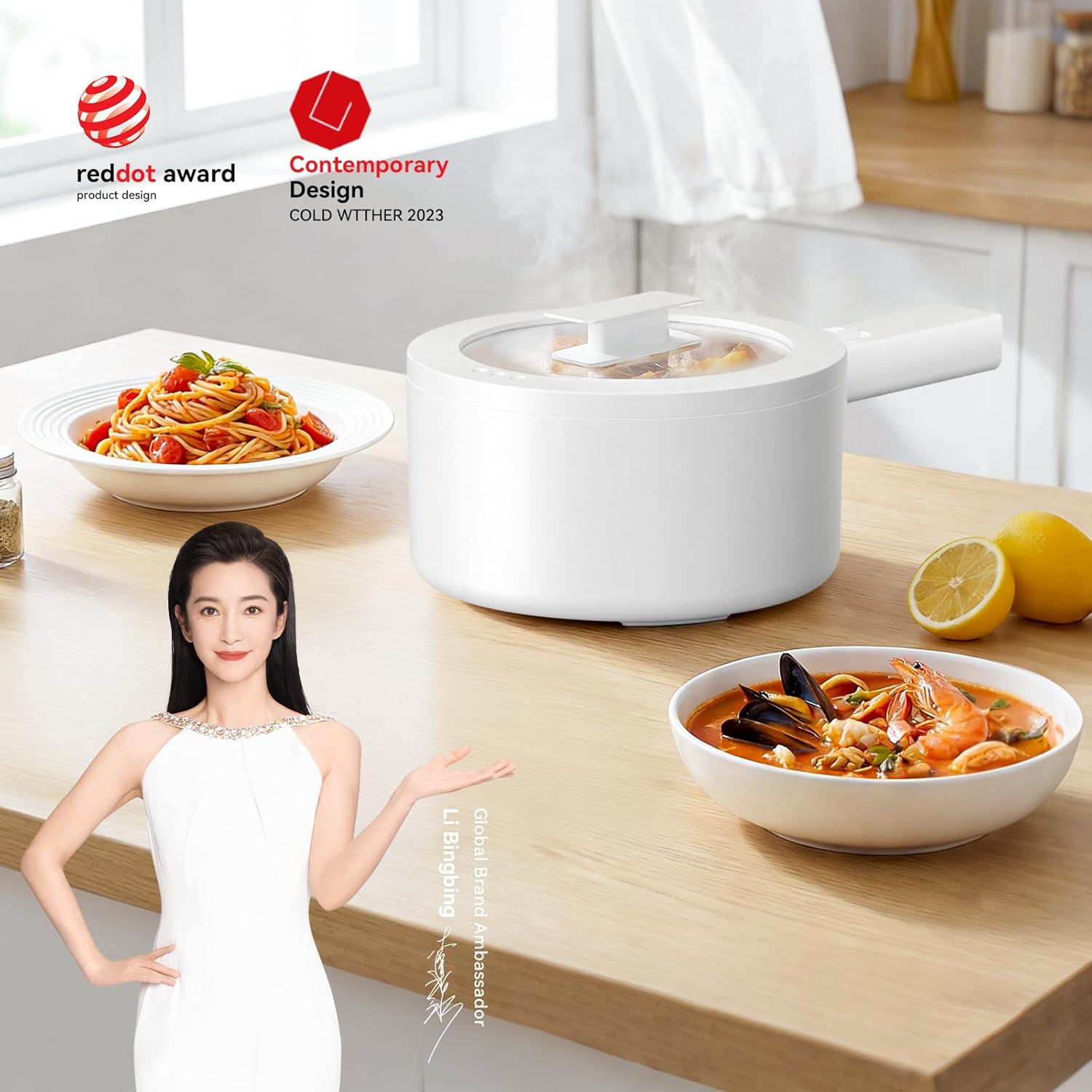 Images showing the easy cleaning process of the Olayks Electric Hot Pot's ceramic interior and its non-stick properties with a pancake.