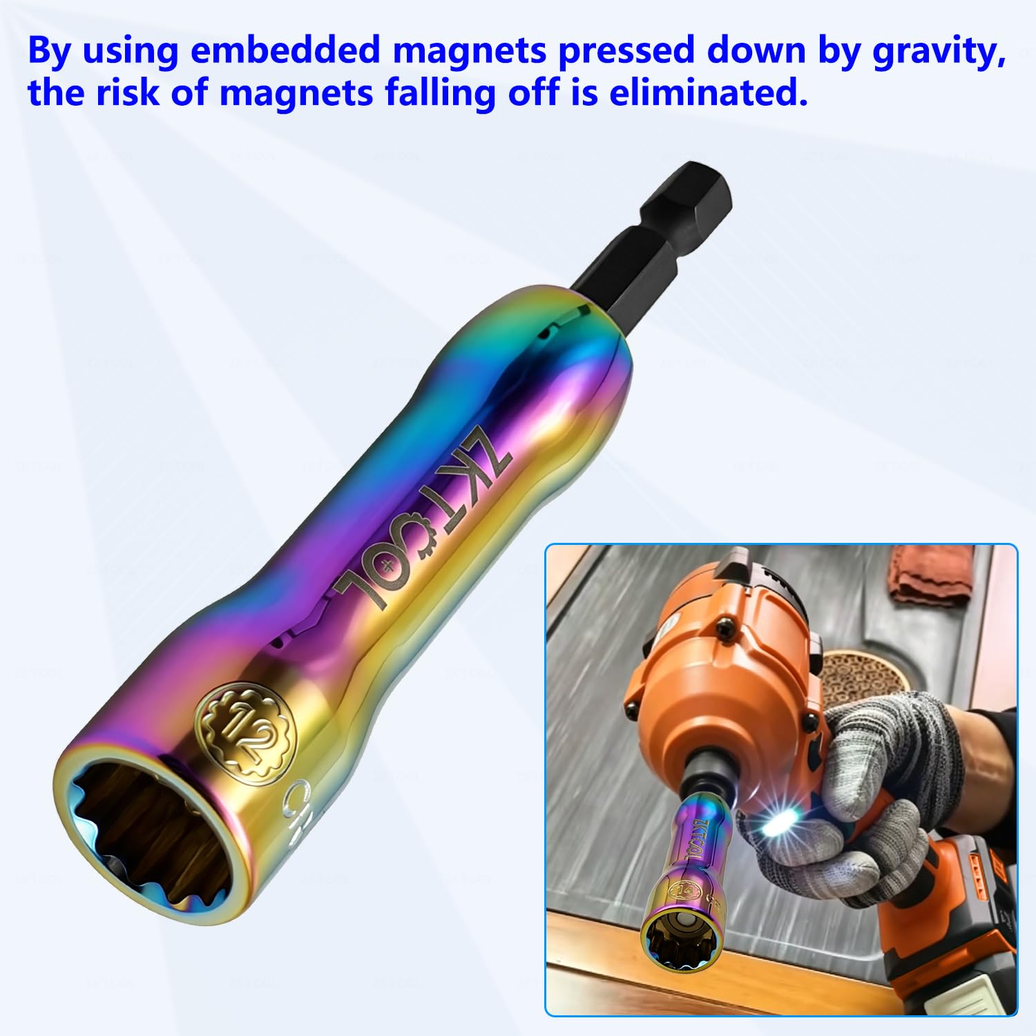 ZKTOOL 5 Pezzi Set di Bussole Magnetiche a Impatto | Adattatore per Bussola per Cacciavite con Attacco Esagonale da 1/4", Bussola da 8-14 mm con Molla Retrattile Integrata