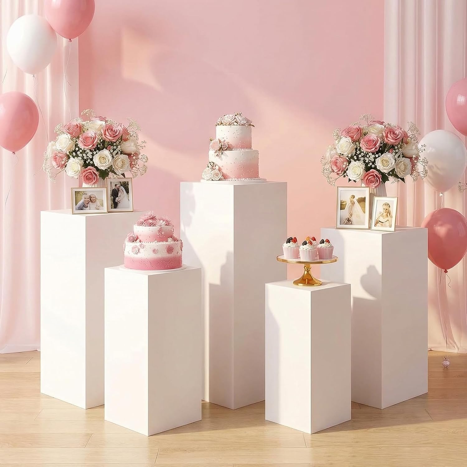 HAISIWLKJ White Premium Square Pedestal Stands, Set of 5 Reusable Metal Square Plinths Dessert Table Cube Display Pillars for Birthday Wedding Bridal Baby Shower Party Decorations