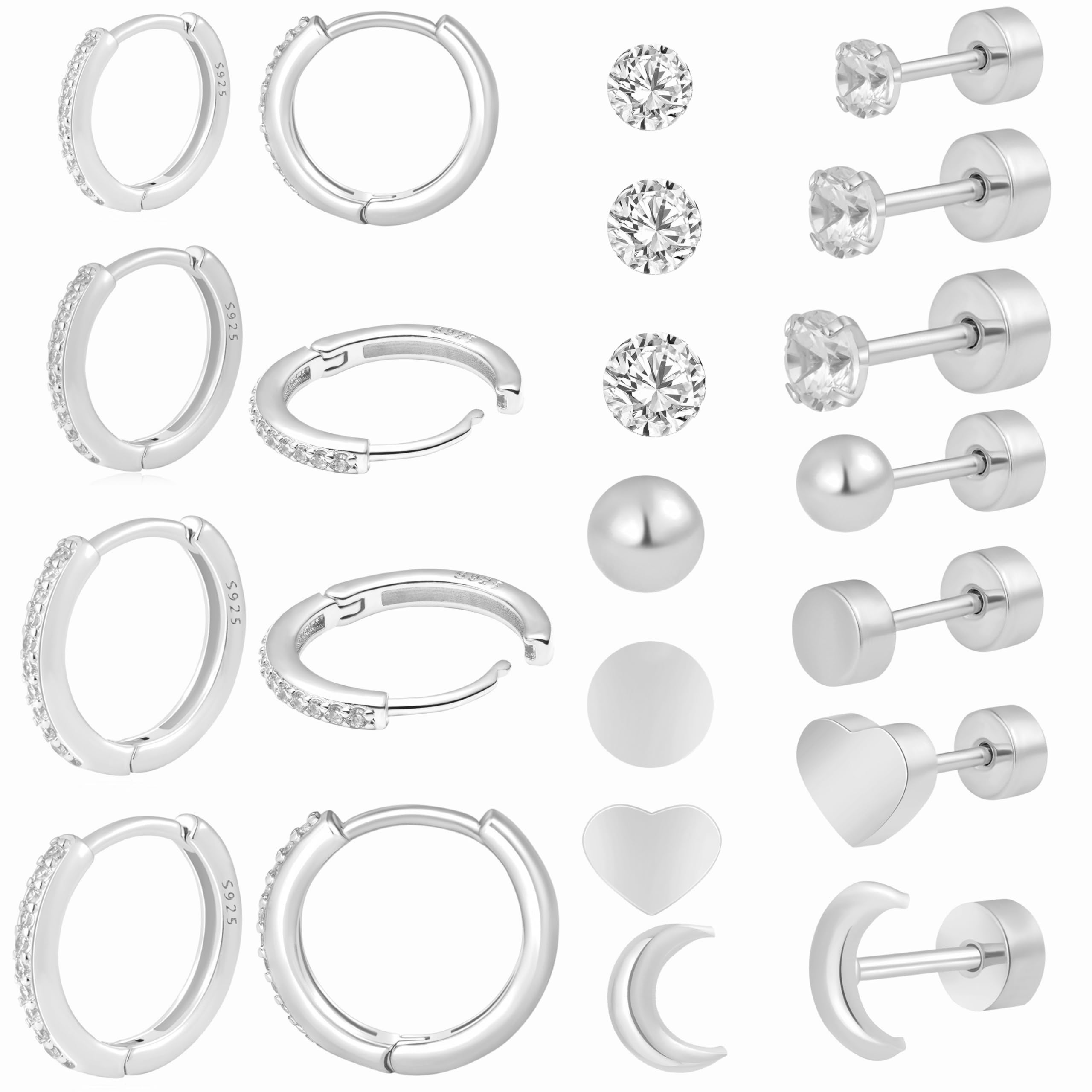 Styleeary925 Sterling Silver Cartilage Helix CZ Huggie Earrings-Surgical Steel Earrings Set for Multiple Piercing Hypoallergenic,14K Gold Plated Flatback Small Hoop Stud Earrings Pack,Titanium Heart Ball Moon Dot CZ Stud Earrings for Women Men