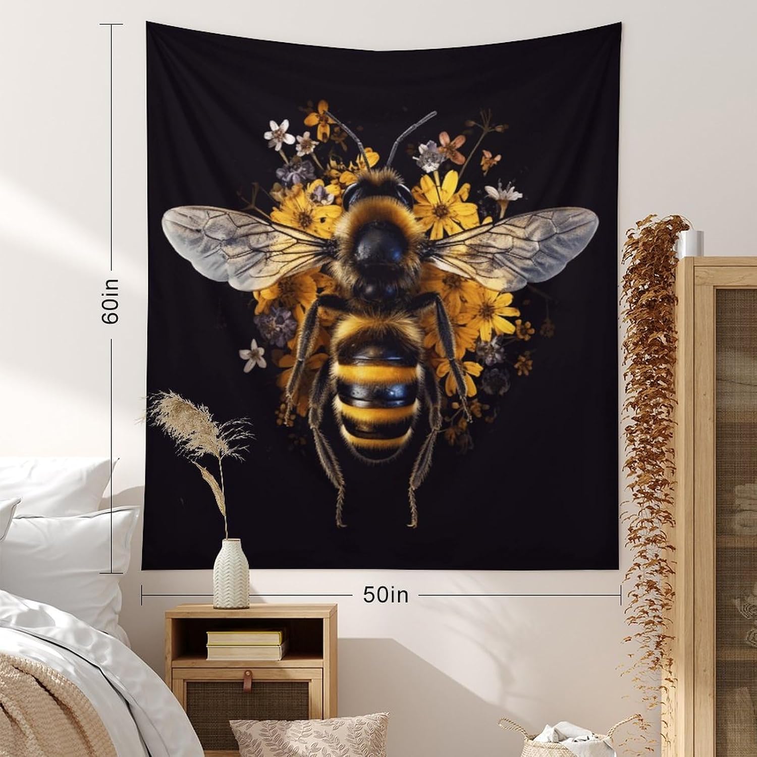Buyidec Bee Flowers Tapestry Wall Hanging Art Deco Tapestries for Bedroom Living Room Dorm 60"x90"