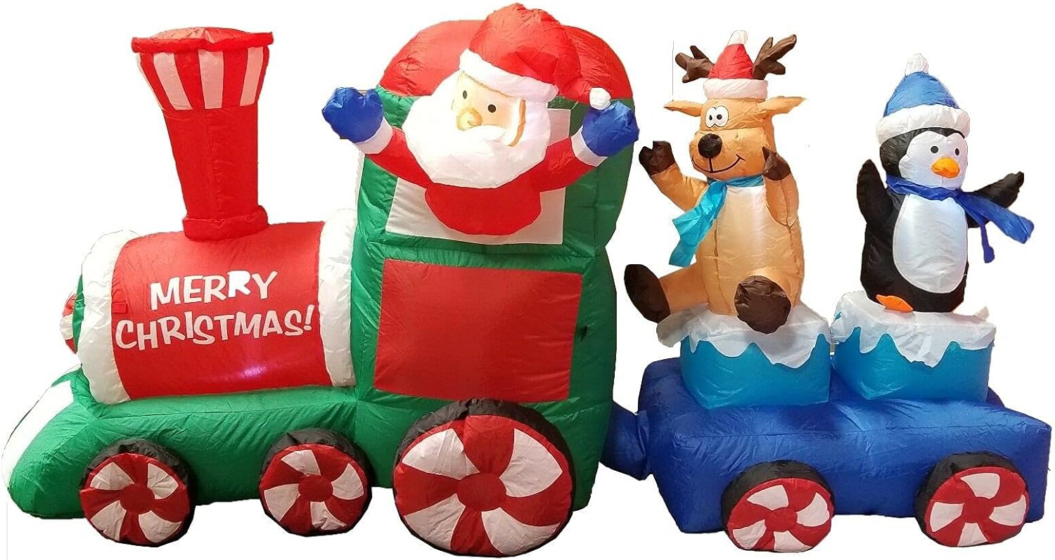 7 Foot Long Lighted Christmas Inflatable Santa Claus Reindeer Penguin on Train Lighted LED Lights Blowup Indoor Outdoor Garden Yard Party Photo Prop Home Decoration