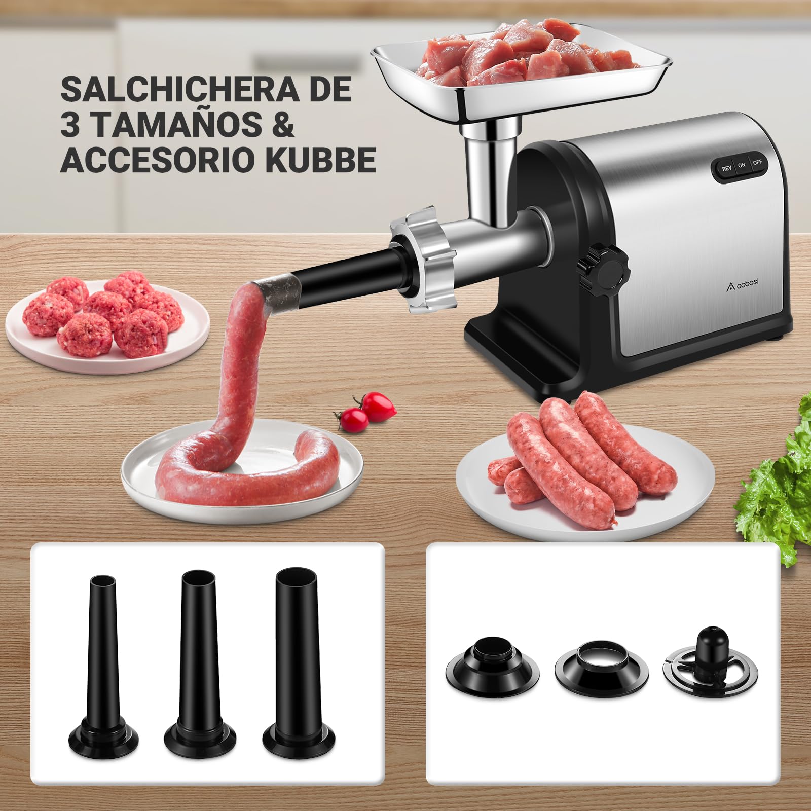 Picadora de Carne-AOBOSI Picadora de Carne Eléctrica 3-EN-1 con 3 Discos Picadores de Acero Inoxidable, 1 Kubbe y 3 Tubos para Embutidos. Tamaño 12 y Motor [3000w Max], Picadora carne con cuchillas.