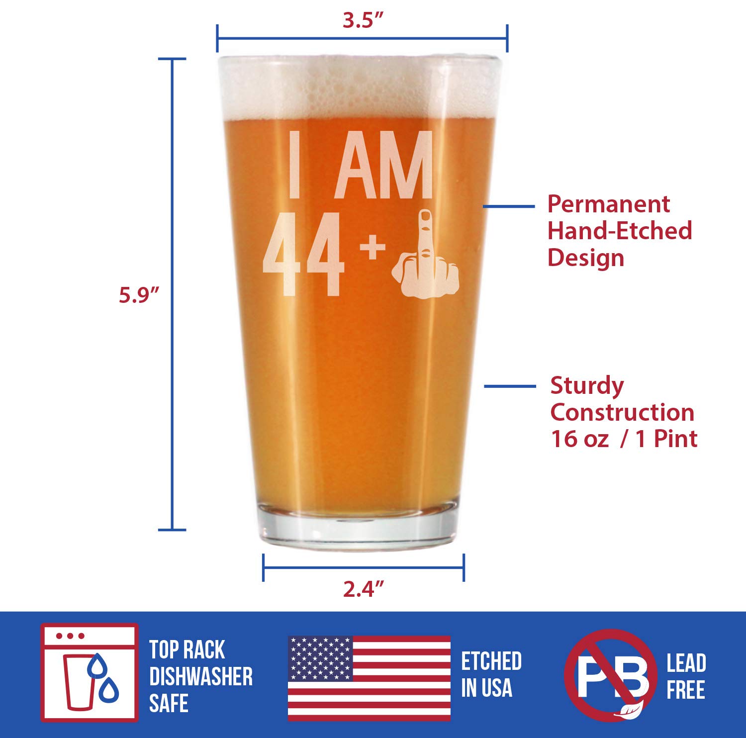 Amazon.com: 44 + 1 Middle Finger - 16 oz Pint Glass for Beer - Funny 45th  Birthday Gifts for Men and Women Turning 45 : Home & Kitchen