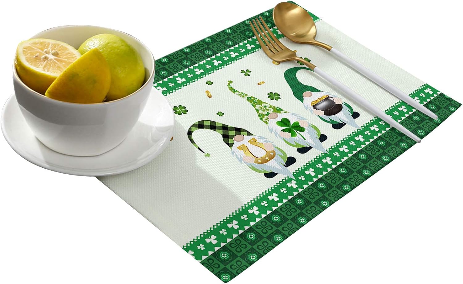 St Patrick's Day Placemats Shamrock Gnomes Tablemats for Dinner Table， Green Check Plaid Gold Coin Table Mats Non-Slip Washable Heat Resistant Set of 6