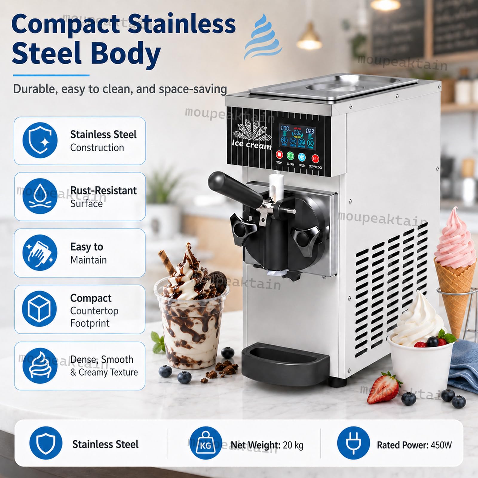 Machine à Glace Italienne 1 Parfum, 4-5l/H avec Cuve 2,5l, Pré-Refroidissement Et Nettoyage Automatique, Turbine à Glace Soft Compacte pour Desserts, Cafés, Bars Et Réunions De Famille C