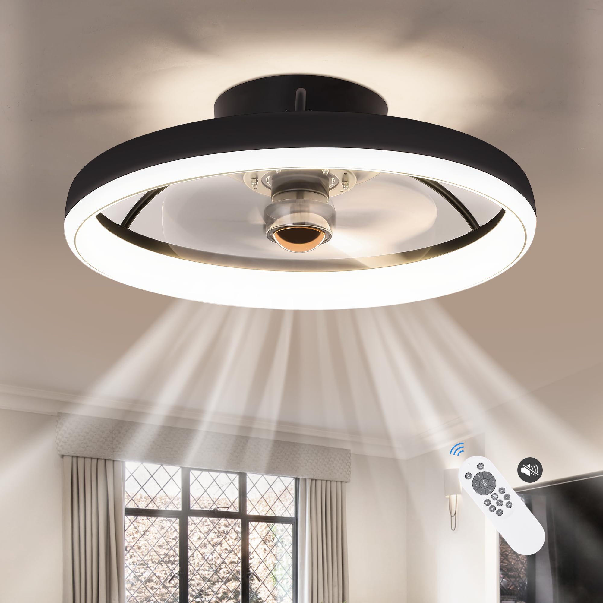 Modern Ceiling Fans with Lights and Remote, 19.7in Dimmable LED 6 Speeds Reversible Blades Timing Indoor Low Profile Ceiling Fan Semi Flush Mount with Remote Control(black)