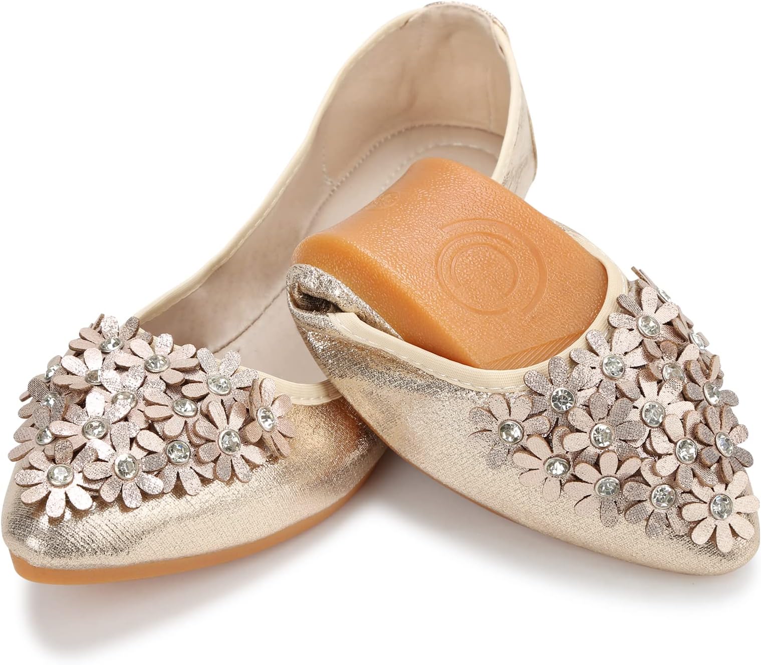 QIMAOO Womens Ballet Flats Pumps Foldable Ballerina Shoes for Women Ladies Flat Shoes Roll up Shoes Slip on Dolly Shoes - 8 UK (Daisy Gold)