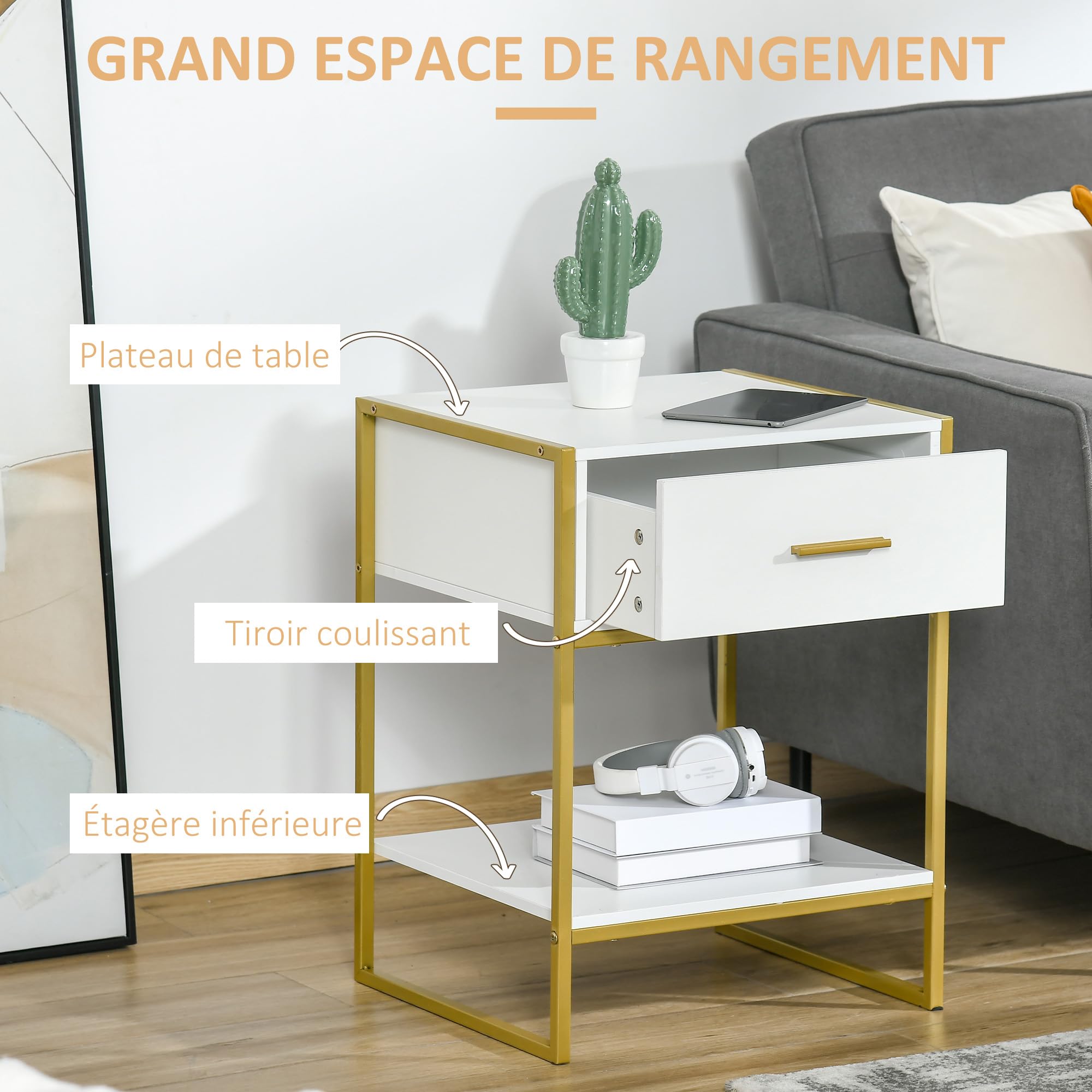 HOMCOM Table de Chevet avec Tiroir et Étagère, 45L x 40l x 60H cm, Blanc