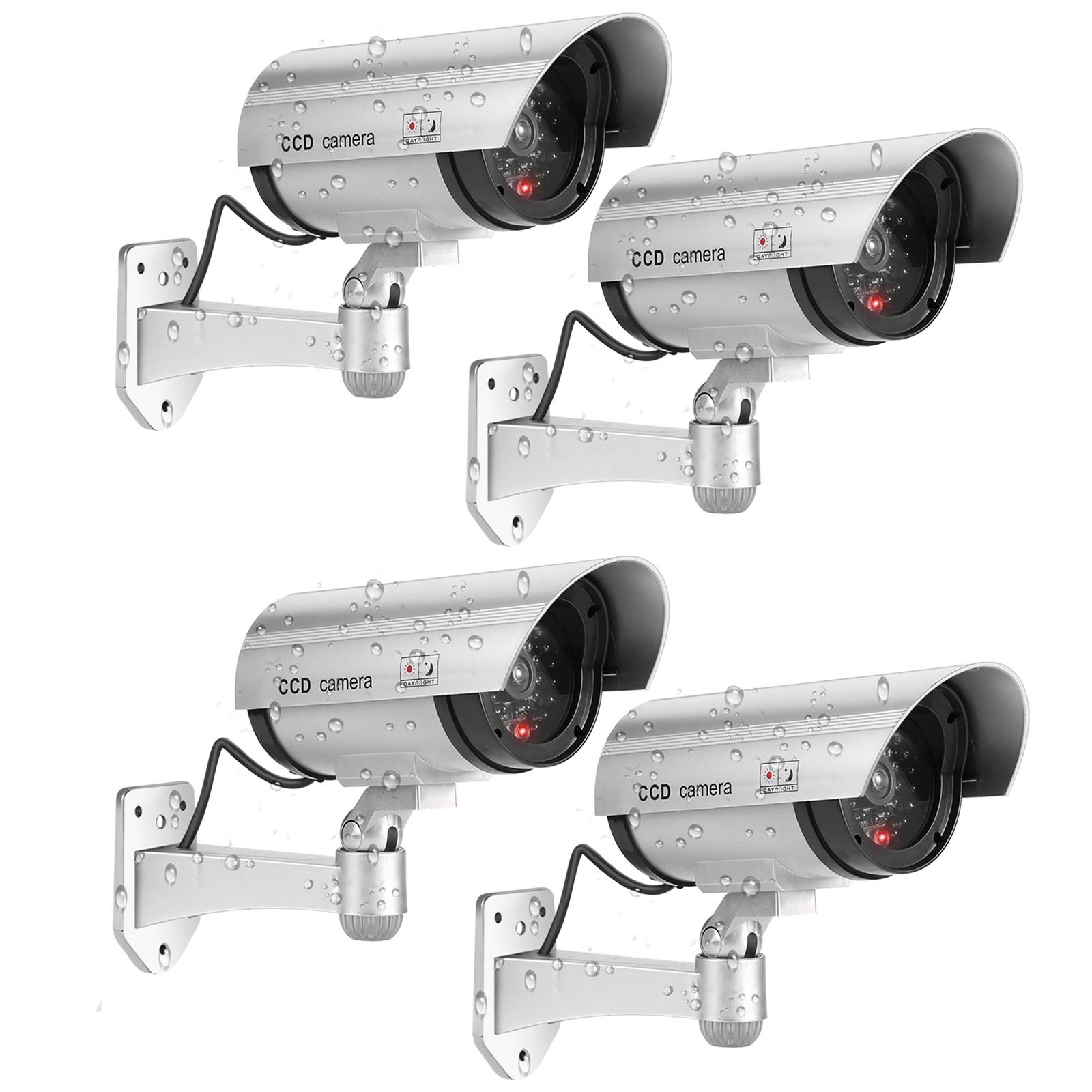 FITNATE Lot de 4 caméras factice d'extérieur - Fonctionne avec piles - Résistant à la pluie - Système de surveillance CCTV avec lumière LED rouge clignotante - 4 autocollants d'avertissement de