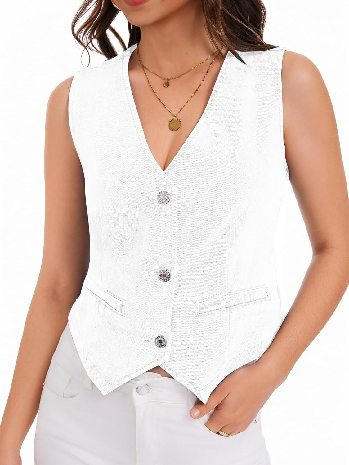 WUDODO Womens Denim Vest Sleeveless V Neck Button Down Jean Jacket Y2K Summer Crop Tops