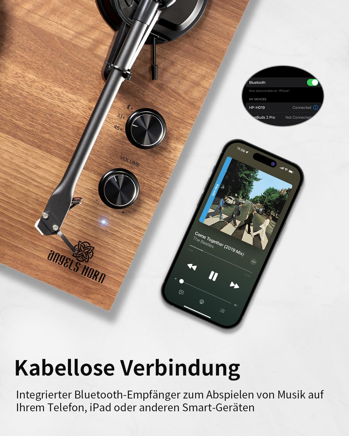 ANGELS HORN Plattenspieler mit Lautsprechern, Bluetooth Schallplattenspieler, integriertem Phono-Vorverstärker 33/45 U/min und AT-3600L-Tonabnehmern Zwei-Gang-Riemenantrieb