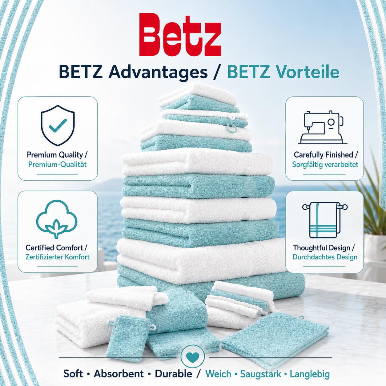 Betz 12-częściowy zestaw ręczników premium 100% bawełna 2 ręczniki kąpielowe 4 ręczniki do rąk 2 ręczniki dla gości 2 ręczniki do rąk 2 rękawice do mycia kolor biały/ocean